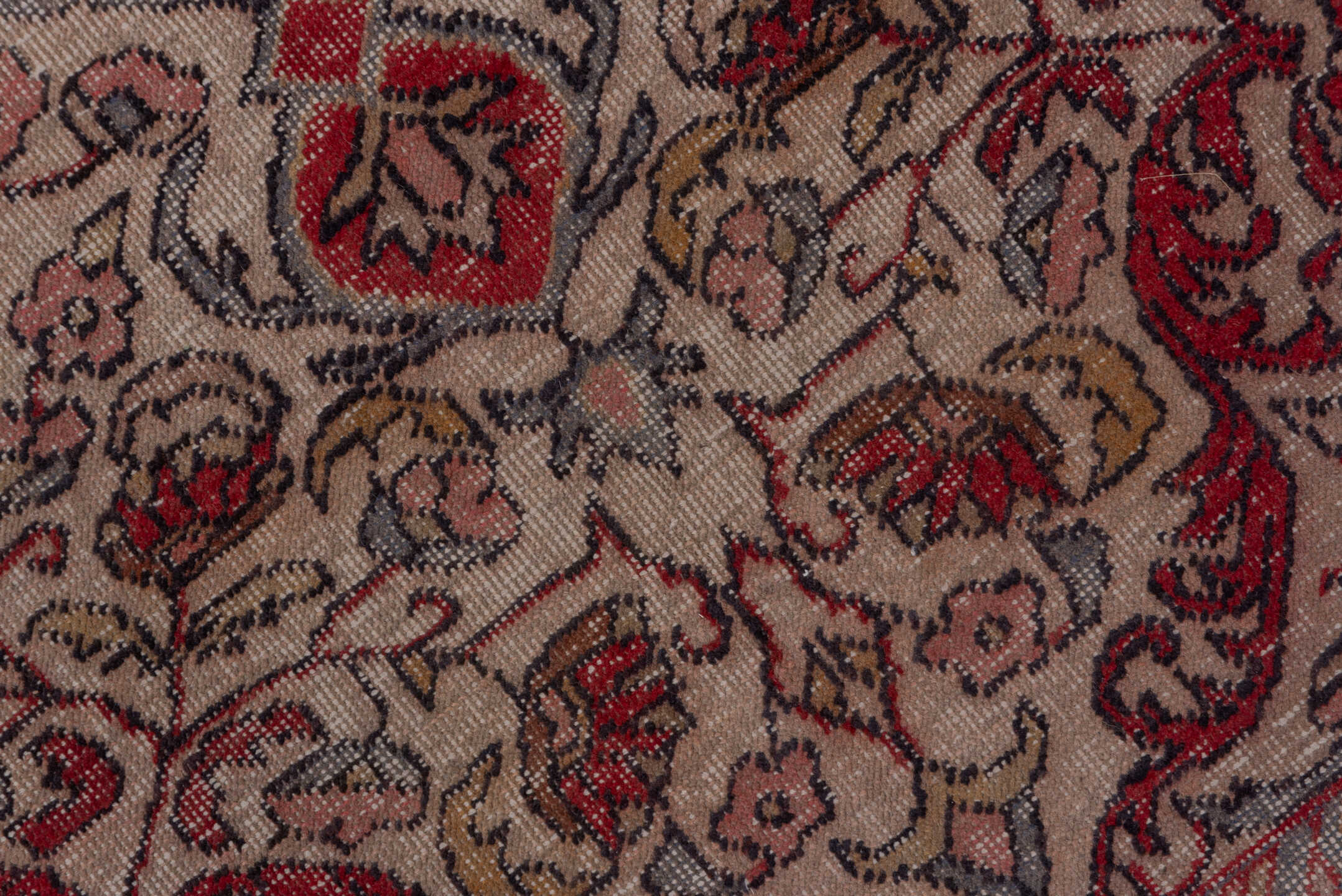 4' x 7' one-of-a-kind handmade vintage Sivas rug. Color palette: ivory, rose, muted red, pale blue, taupe, burgundy, pink