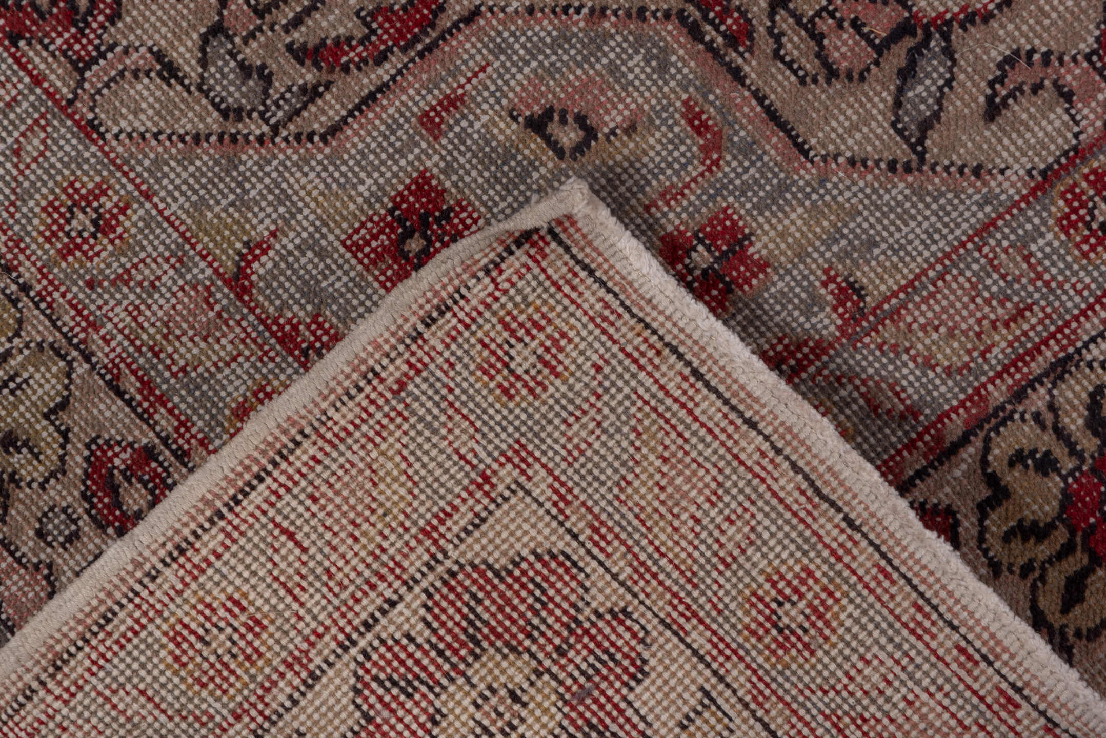 4' x 7' one-of-a-kind handmade vintage Sivas rug. Color palette: brown, gray, light gray, off-white, pink, red, redwood