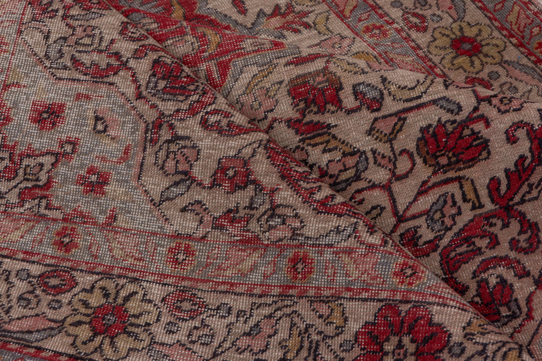 4' x 7' one-of-a-kind handmade vintage Sivas rug. Color palette: brown, gray, light gray, off-white, pink, red, redwood