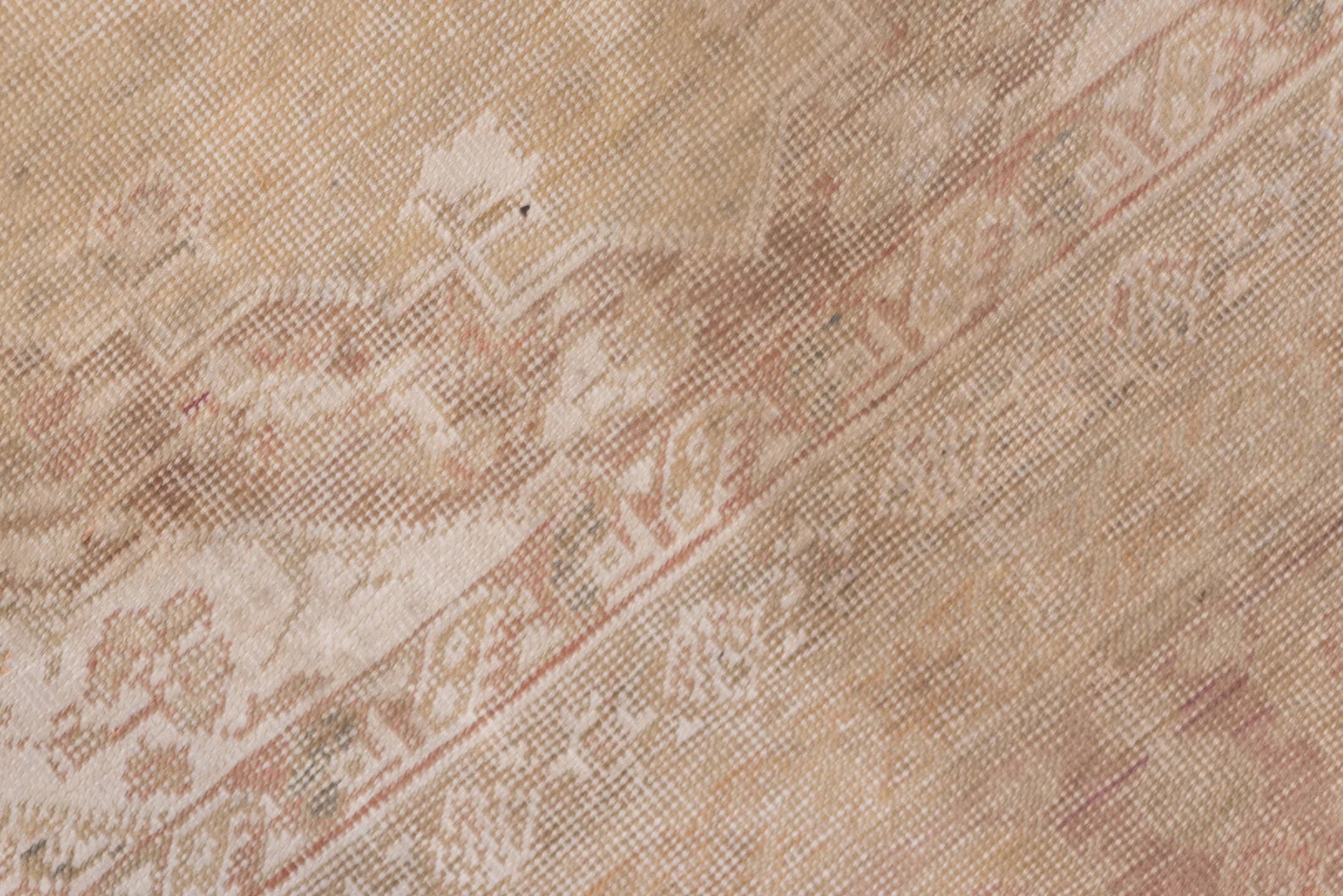 4' x 5' one-of-a-kind handmade vintage Kaisary small size rug. Color palette: camel, taupe, rose, ivory, sage, terra cotta
