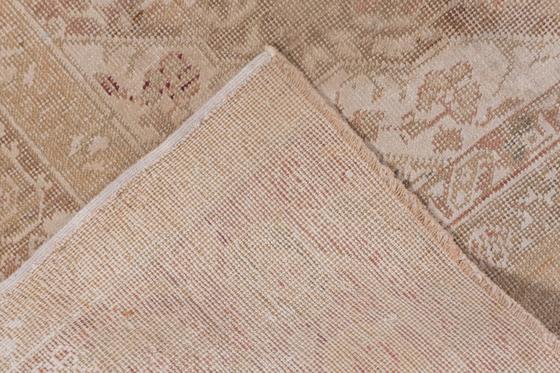 4' x 5' one-of-a-kind handmade vintage Kaisary small size rug. Color palette: camel, taupe, rose, ivory, sage, terra cotta