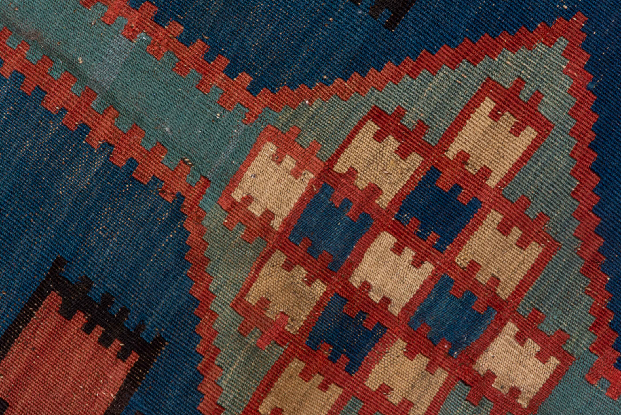 6' x 10' one-of-a-kind handmade vintage Kilim large size rug. Color palette: blue, brown, gray, pink, red
