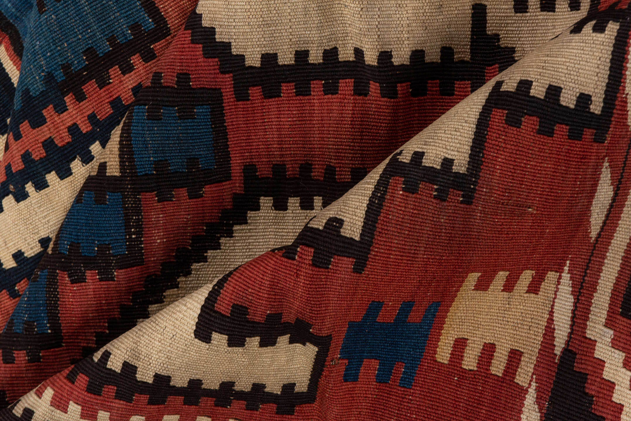 6' x 10' one-of-a-kind handmade vintage Kilim large size rug. Color palette: blue, brown, gray, pink, red