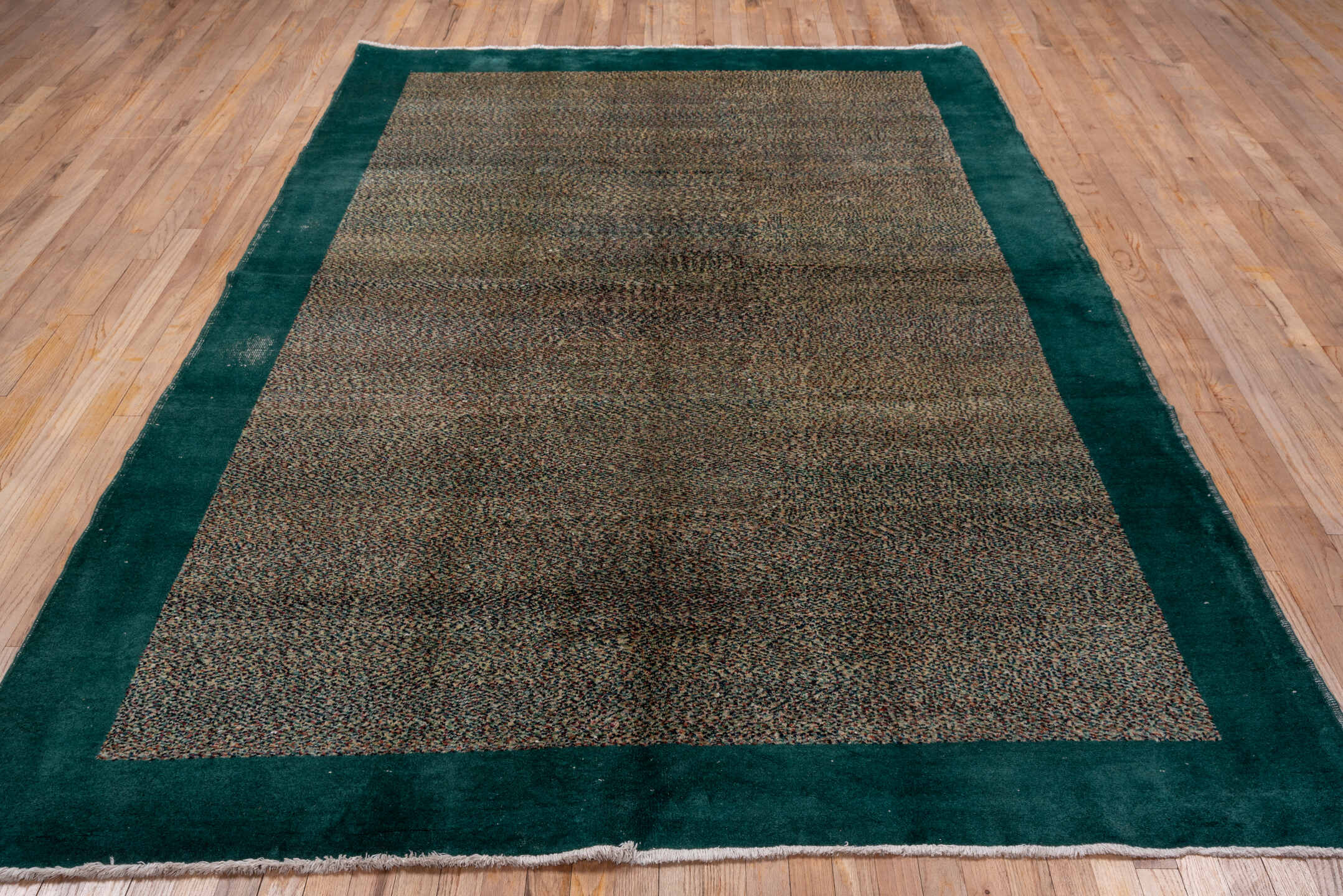 6' x 9' one-of-a-kind handmade vintage Oushak medium size rug. Color palette: taupe, teal, charcoal, ivory, brown, beige