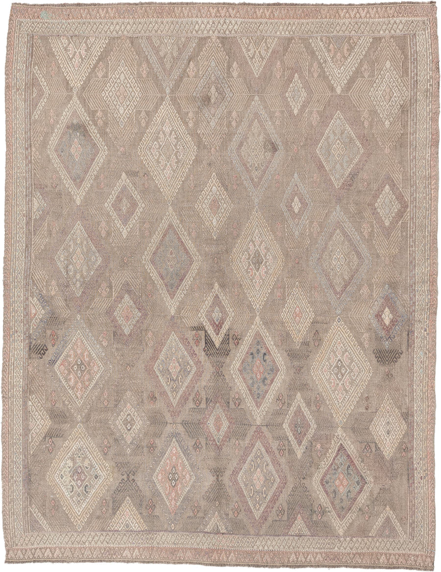 4' x 5' one-of-a-kind handmade vintage Jijim rug. Color palette: taupe, ivory, blush, slate, dusty rose, beige, charcoal