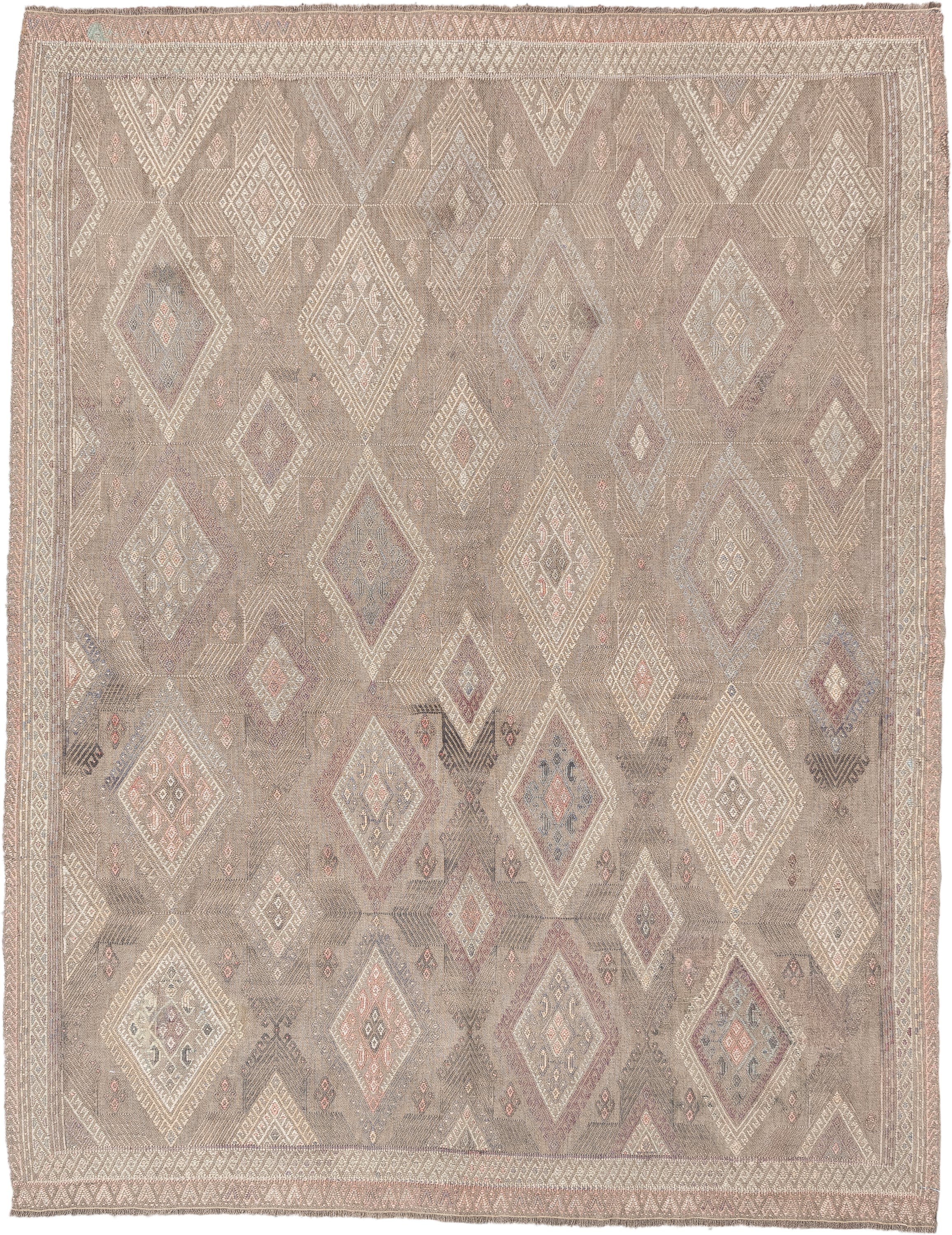 4' x 5' one-of-a-kind handmade vintage Jijim rug. Color palette: taupe, ivory, blush, slate, dusty rose, beige, charcoal