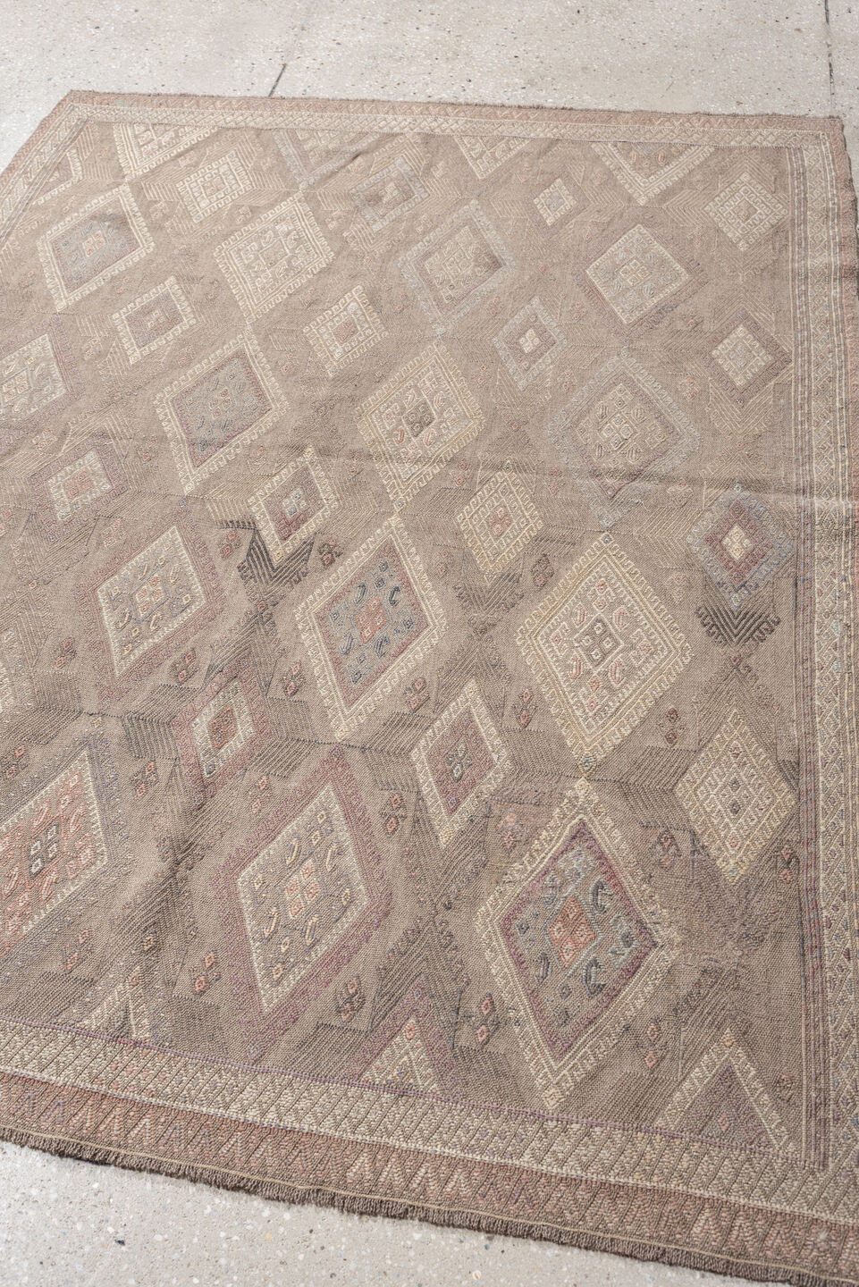4' x 5' one-of-a-kind handmade vintage Jijim rug. Color palette: taupe, ivory, blush, slate, dusty rose, beige, charcoal