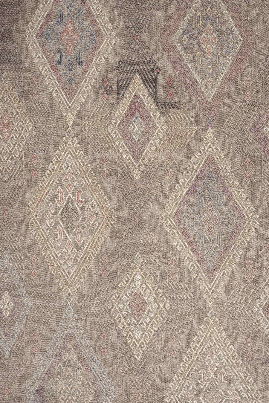 4' x 5' one-of-a-kind handmade vintage Jijim rug. Color palette: taupe, ivory, blush, slate, dusty rose, beige, charcoal