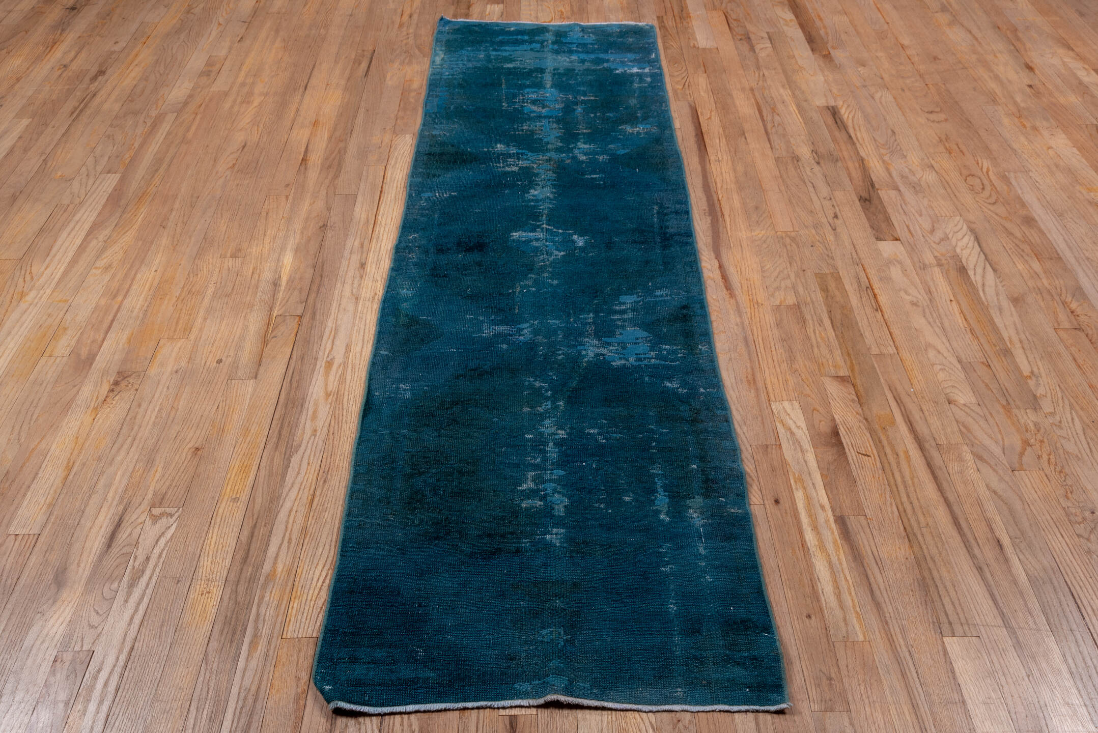 2' x 8' one-of-a-kind handmade vintage Oushak runner rug. Color palette: teal, indigo, slate, charcoal, ivory, purple, gray