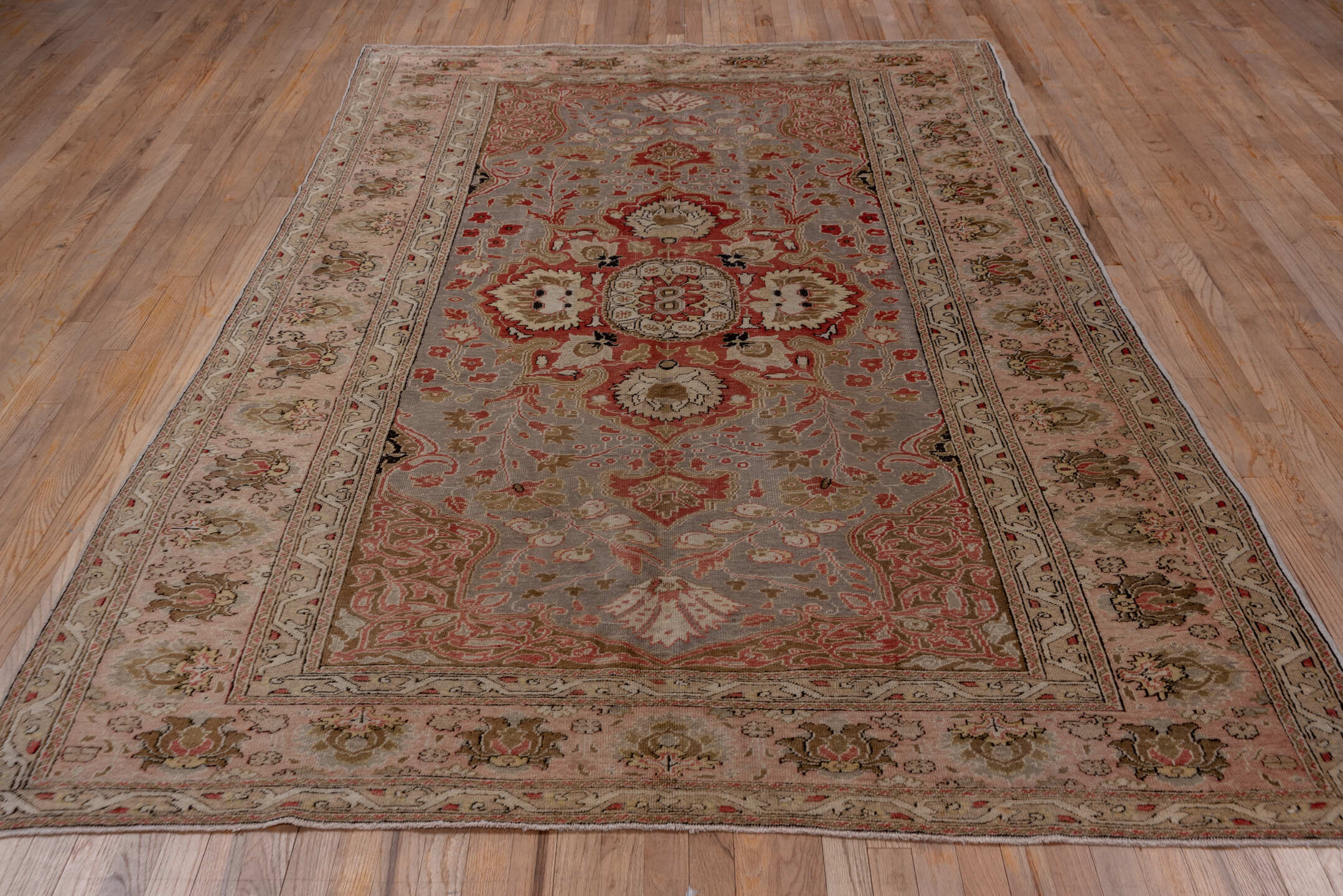 6' x 9' one-of-a-kind handmade vintage Oushak medium size rug. Color palette: taupe, blush, ivory, coral, beige, sage, brown