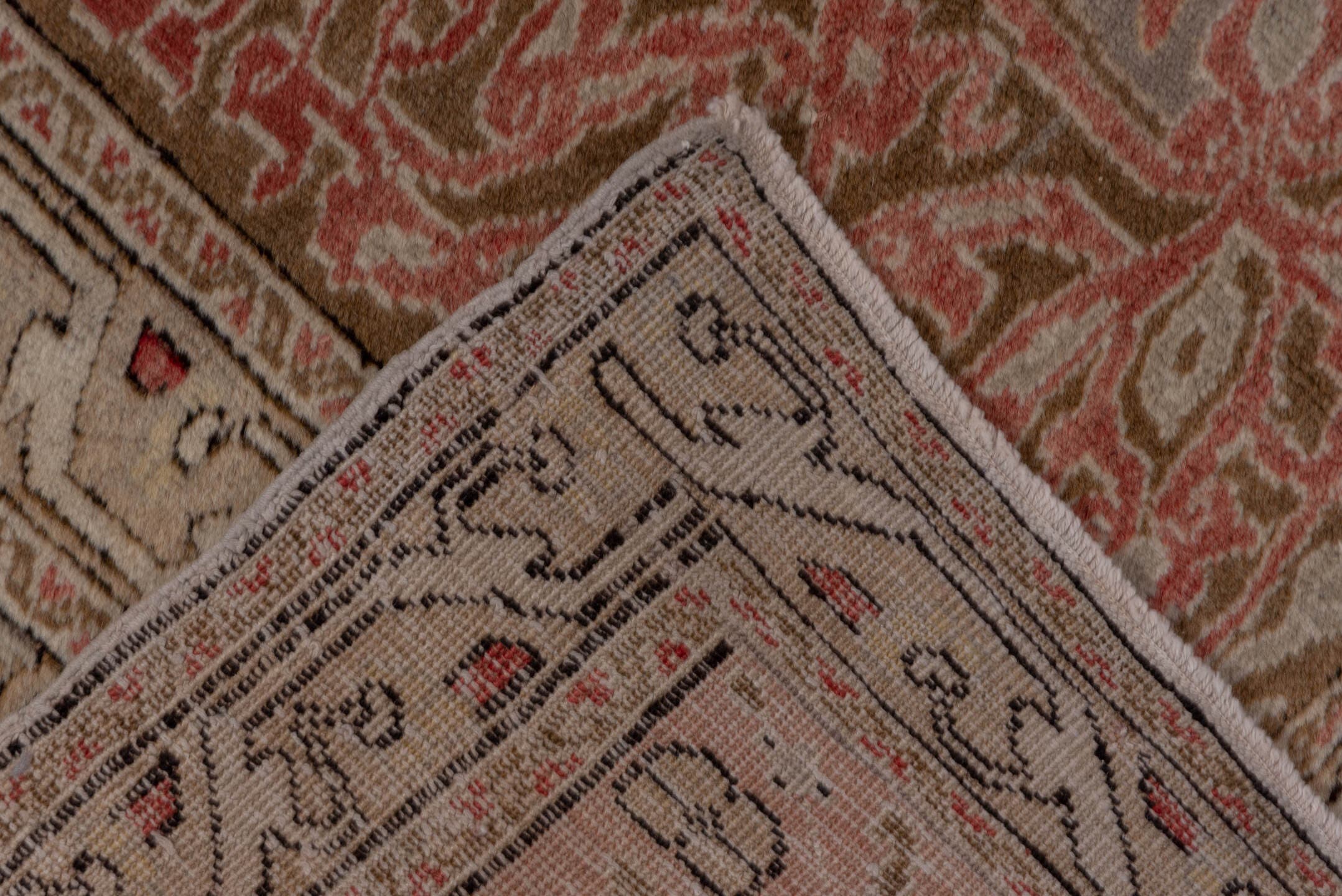 6' x 9' one-of-a-kind handmade vintage Oushak medium size rug. Color palette: taupe, blush, ivory, coral, beige, sage, brown