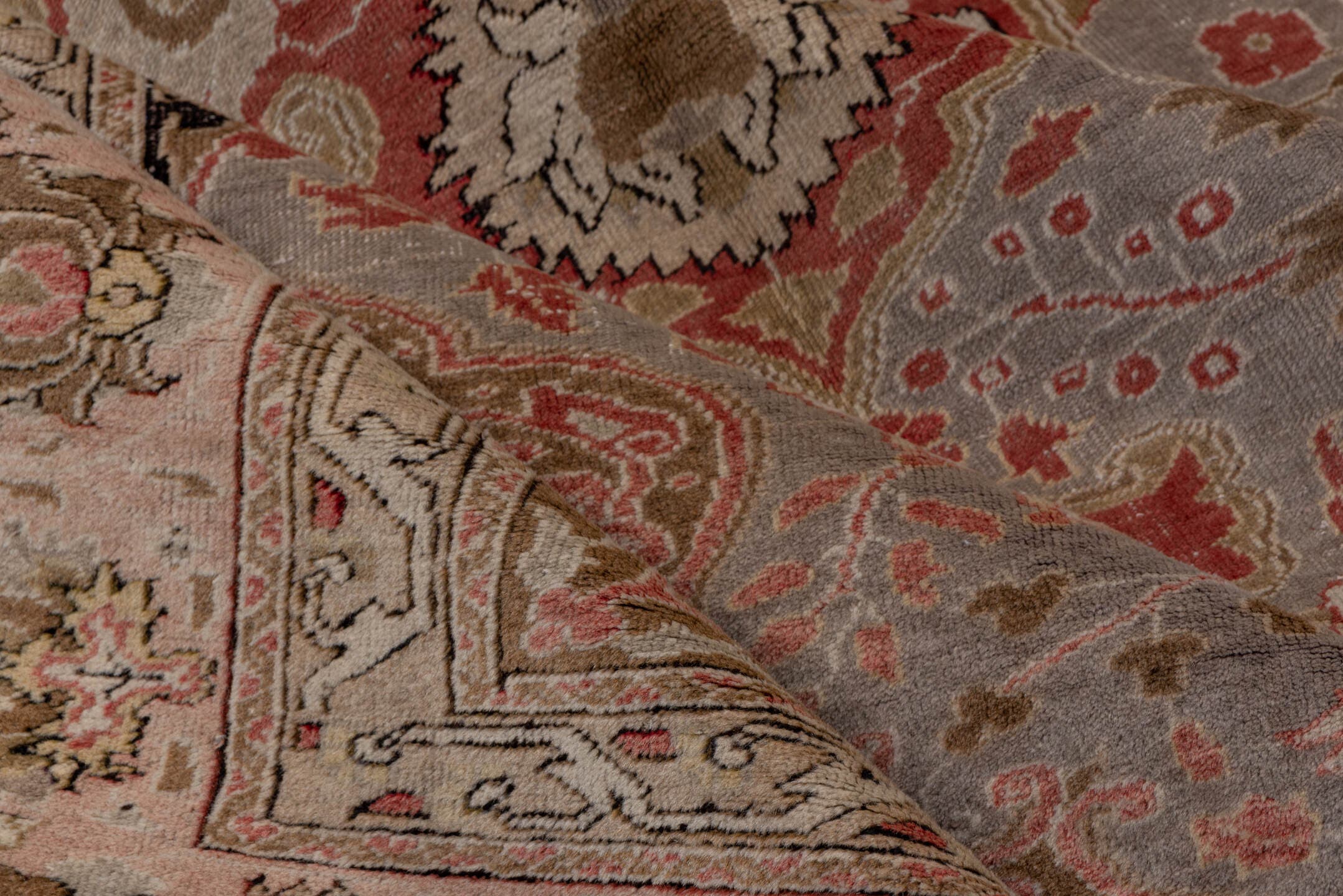 6' x 9' one-of-a-kind handmade vintage Oushak medium size rug. Color palette: taupe, blush, ivory, coral, beige, sage, brown