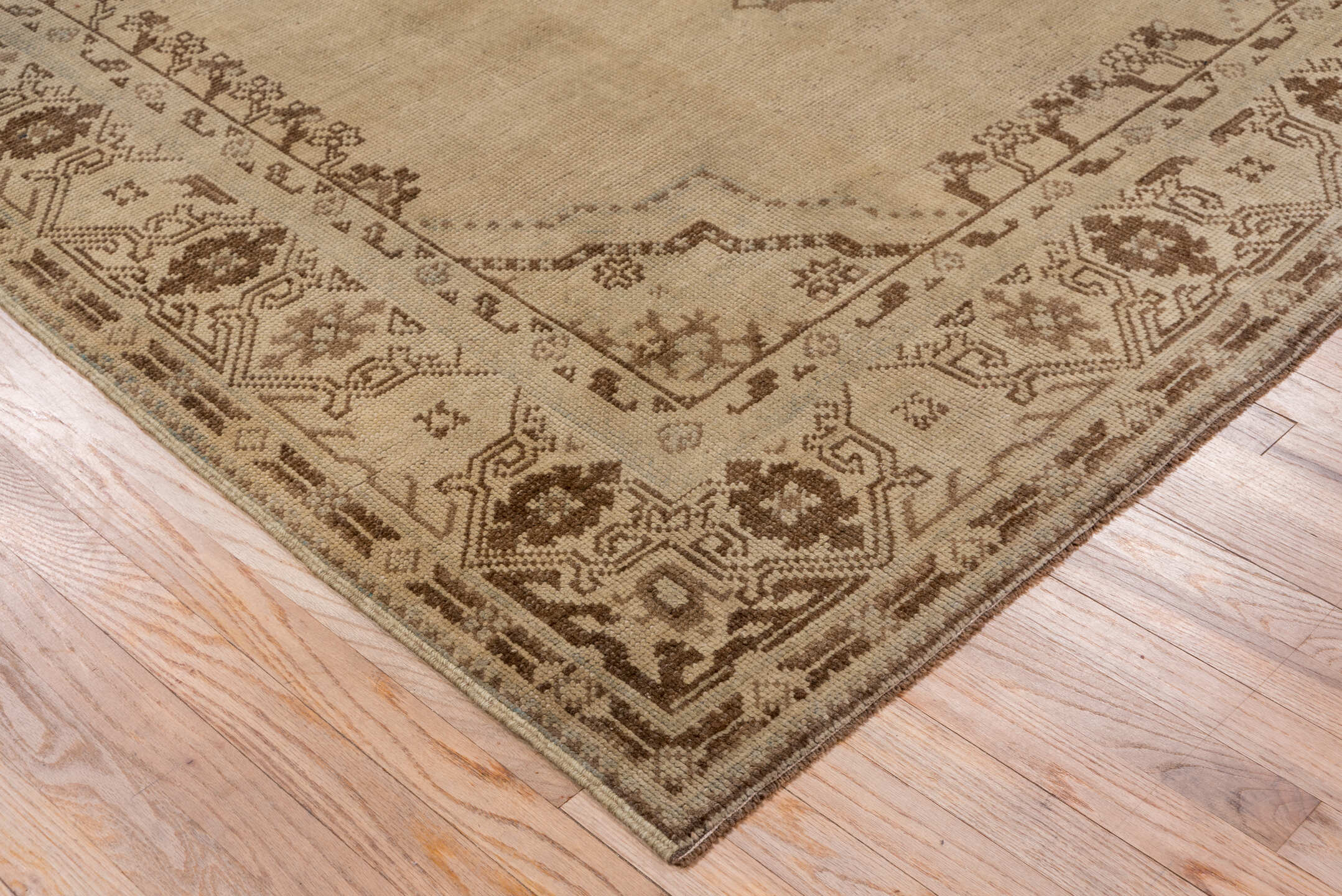 6' x 9' one-of-a-kind handmade vintage Oushak medium size rug. Color palette: taupe, brown, beige, ivory, gray