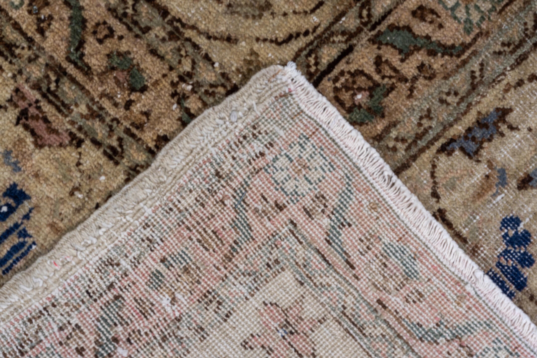 7' x 9' one-of-a-kind handmade vintage Sivas rug. Color palette: blue, brown, gray, light gray