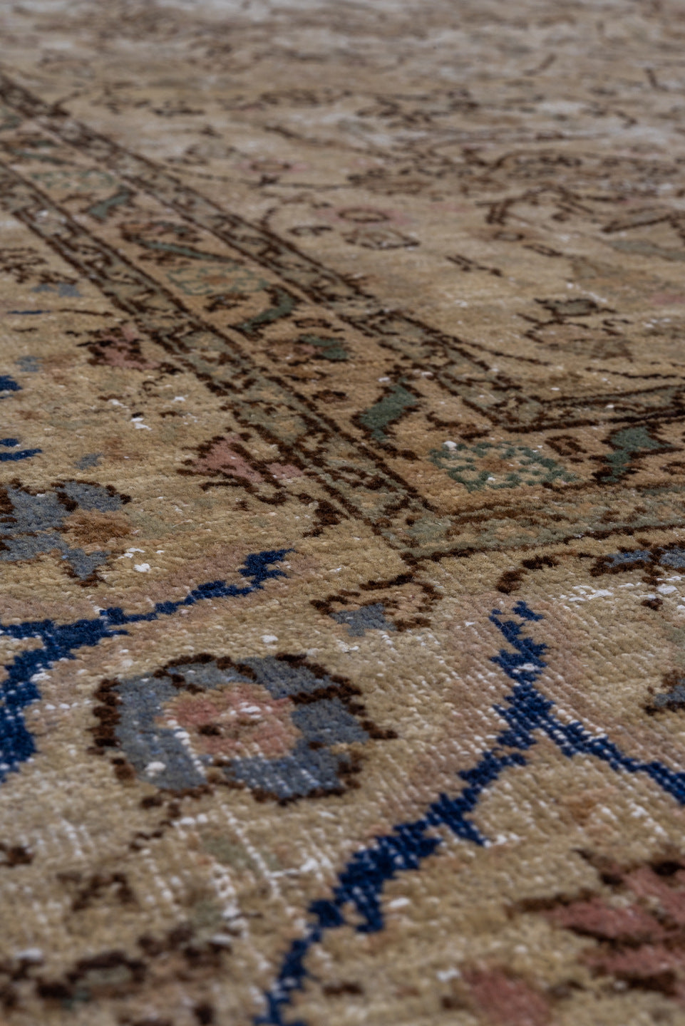 7' x 9' one-of-a-kind handmade vintage Sivas rug. Color palette: blue, brown, gray, light gray