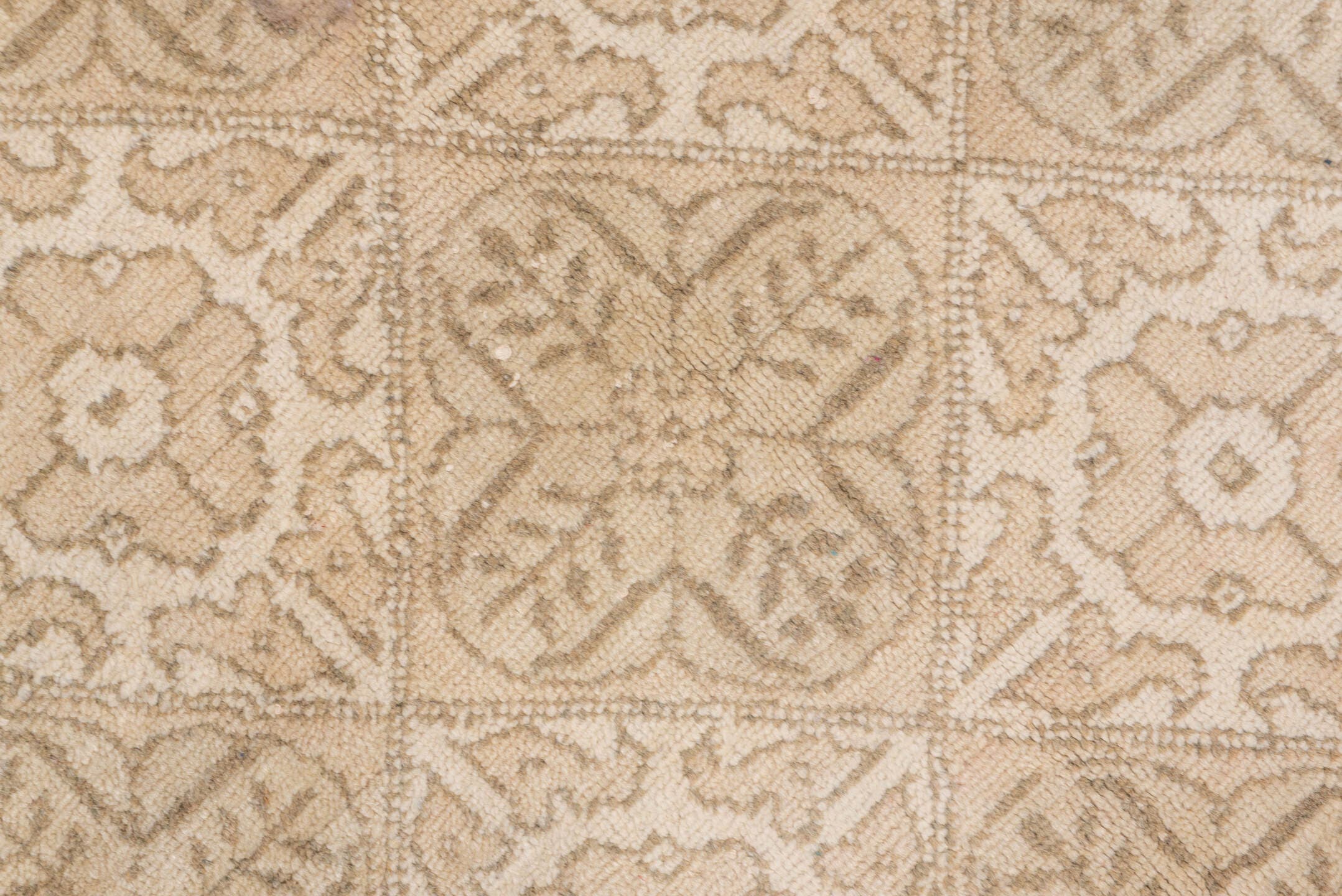 5' x 8' one-of-a-kind handmade vintage Oushak medium size rug. Color palette: beige, ivory, taupe, sand, camel, gray