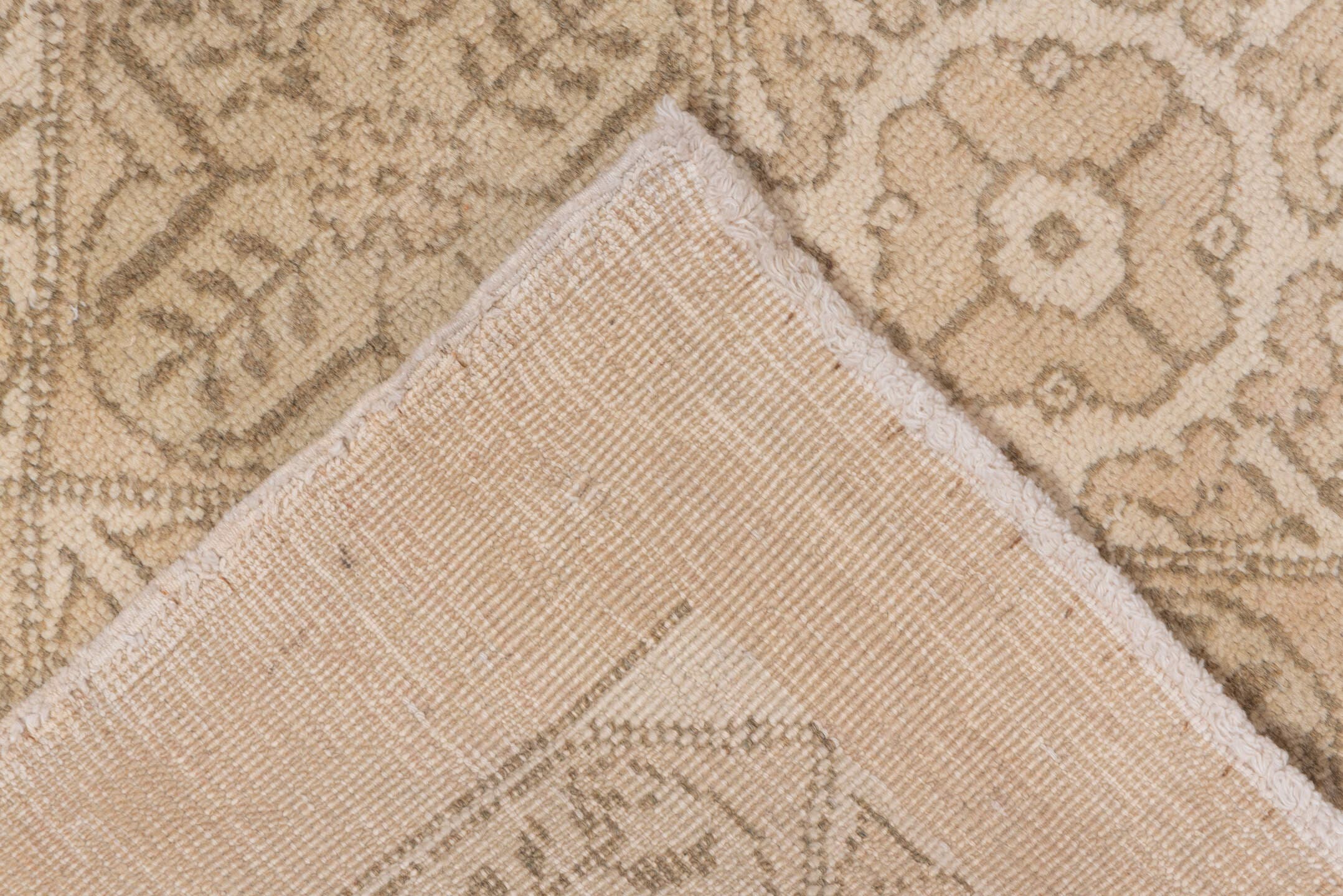 5' x 8' one-of-a-kind handmade vintage Oushak medium size rug. Color palette: beige, ivory, taupe, sand, camel, gray