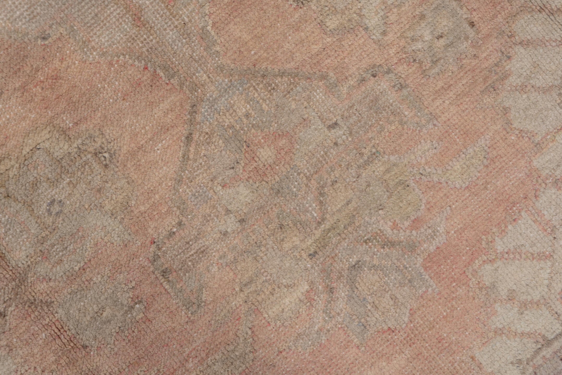 6' x 10' one-of-a-kind handmade vintage Oushak large size rug. Color palette: brown, gray, light gray, off-white, pink, snow