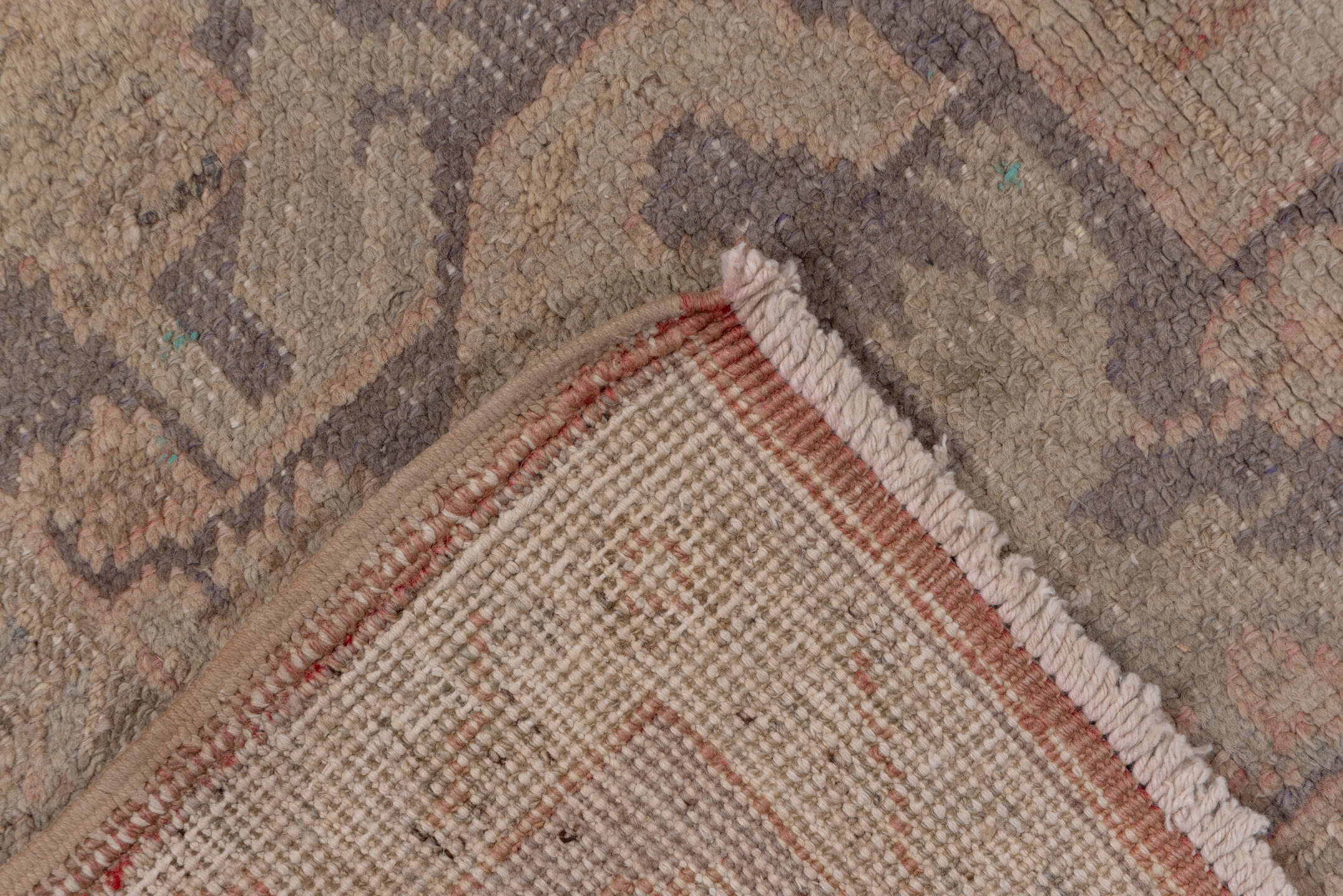 6' x 10' one-of-a-kind handmade vintage Oushak large size rug. Color palette: brown, gray, light gray, off-white, pink, snow