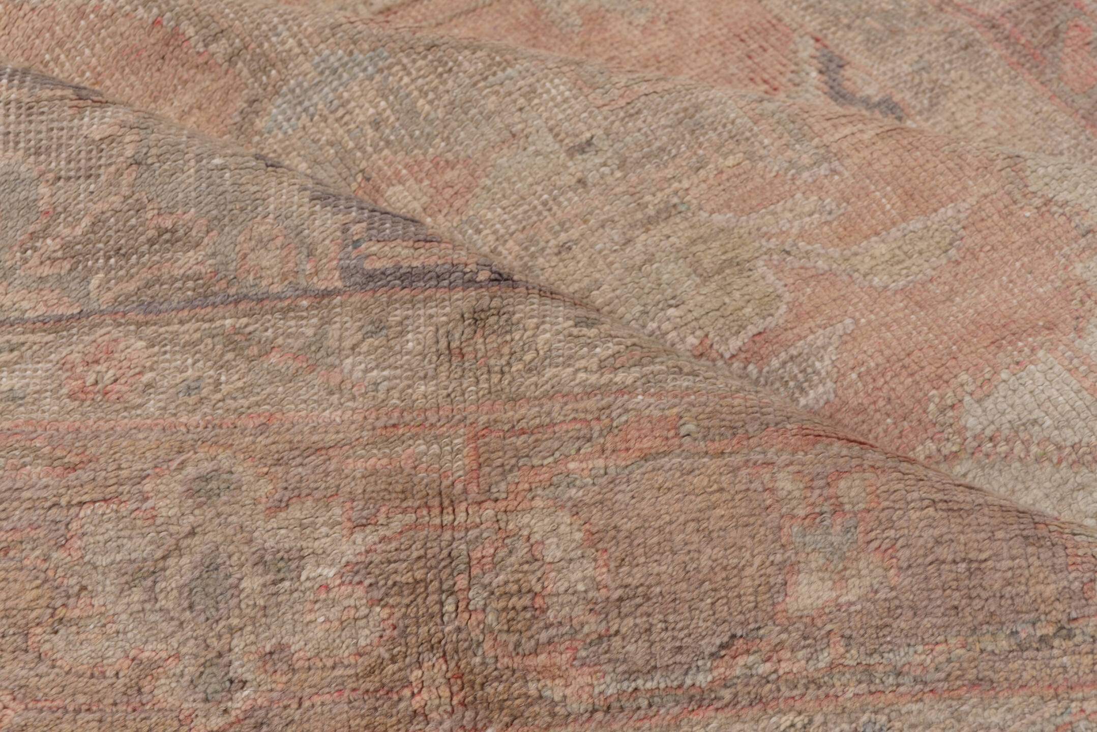 6' x 10' one-of-a-kind handmade vintage Oushak large size rug. Color palette: brown, gray, light gray, off-white, pink, snow