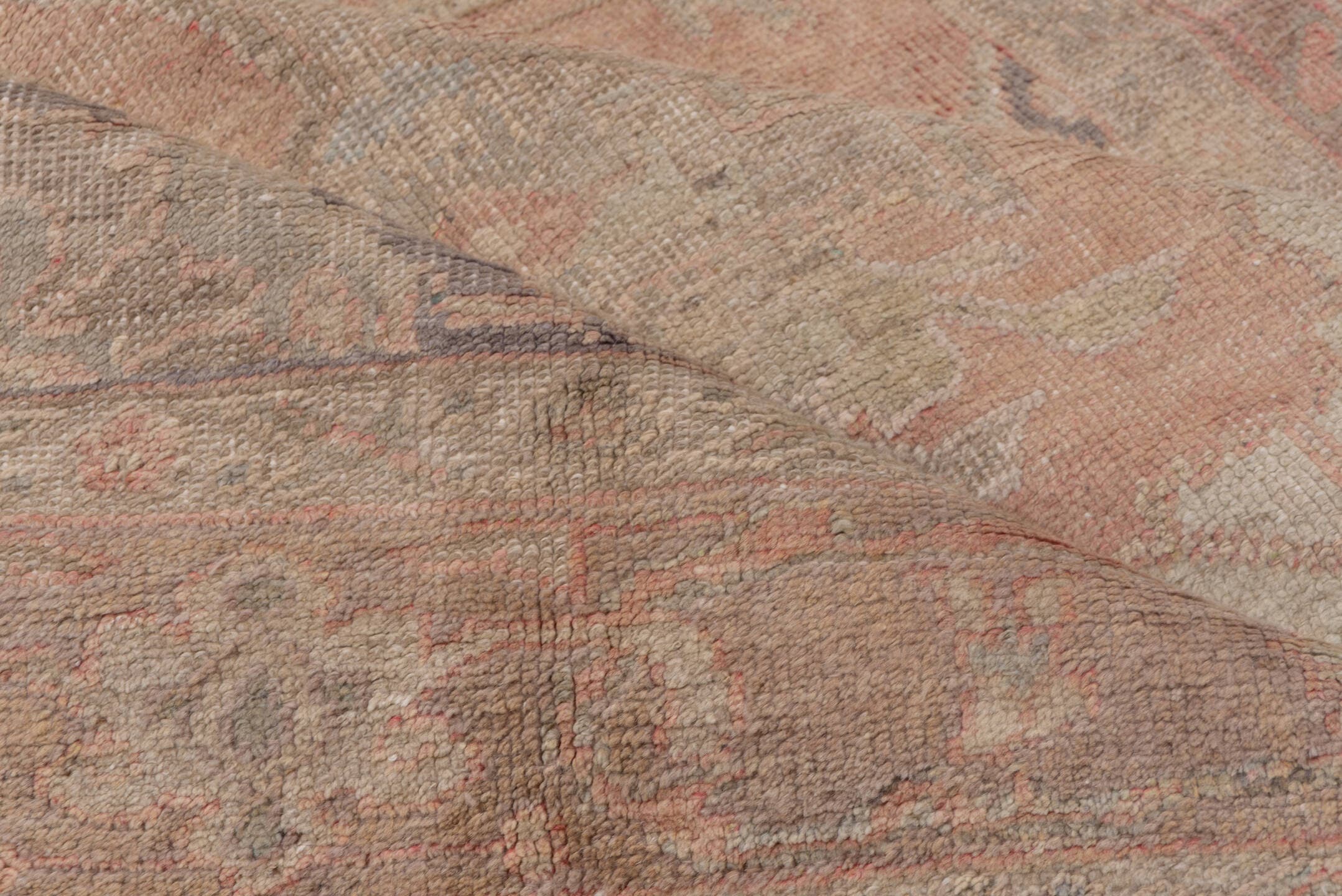 6' x 10' one-of-a-kind handmade vintage Oushak large size rug. Color palette: blush, taupe, ivory, sage, lavender, rose