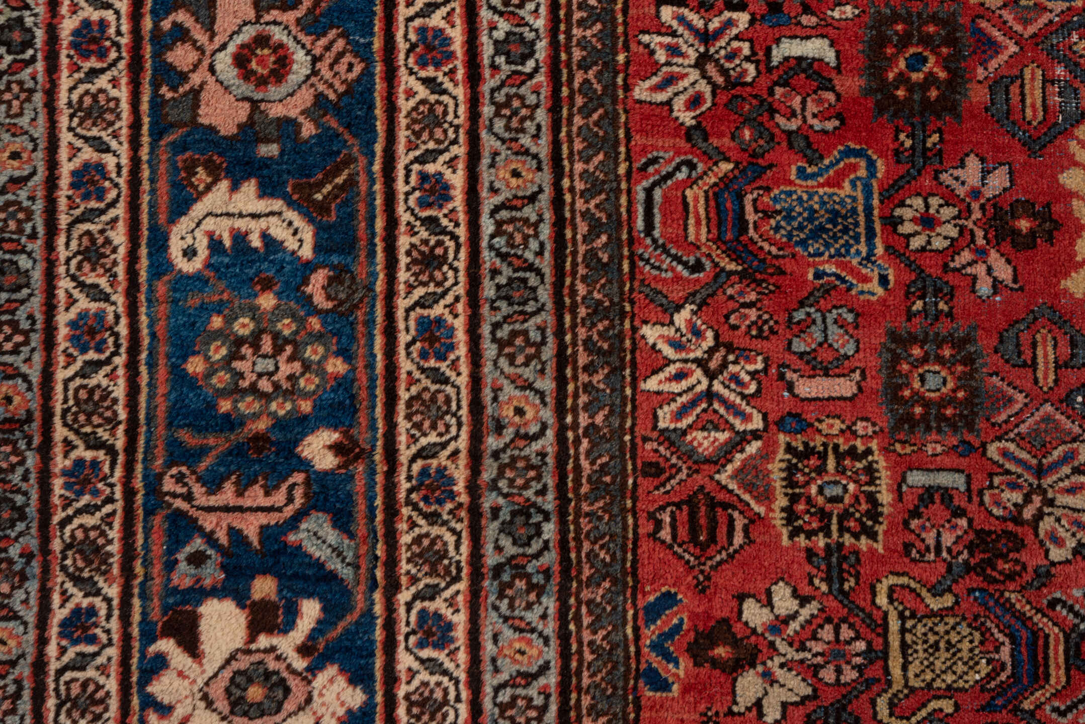 11' x 19' one-of-a-kind handmade vintage Mahal oversize rug. Color palette: red, navy, ivory, slate, rose, camel, charcoal