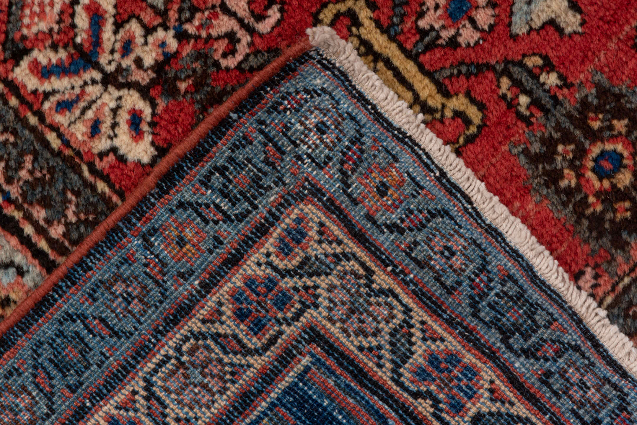 11' x 19' one-of-a-kind handmade vintage Mahal oversize rug. Color palette: red, navy, ivory, slate, rose, camel, charcoal