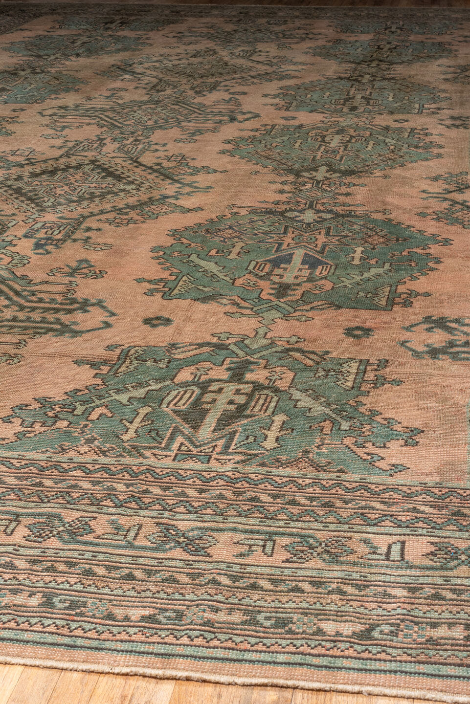 13' x 23' one-of-a-kind handmade vintage Oushak oversize rug. Color palette: taupe, dusty rose, teal, charcoal, brown, sage