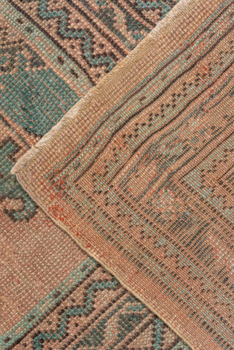 13' x 23' one-of-a-kind handmade vintage Oushak oversize rug. Color palette: taupe, dusty rose, teal, charcoal, brown, sage