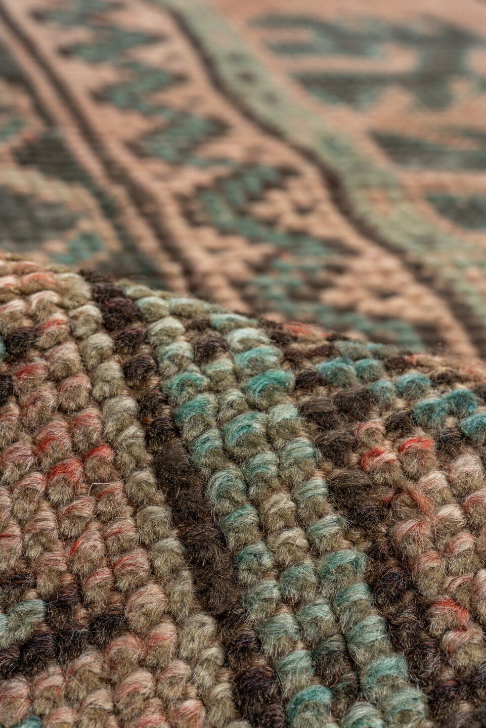 13' x 23' one-of-a-kind handmade vintage Oushak oversize rug. Color palette: taupe, dusty rose, teal, charcoal, brown, sage