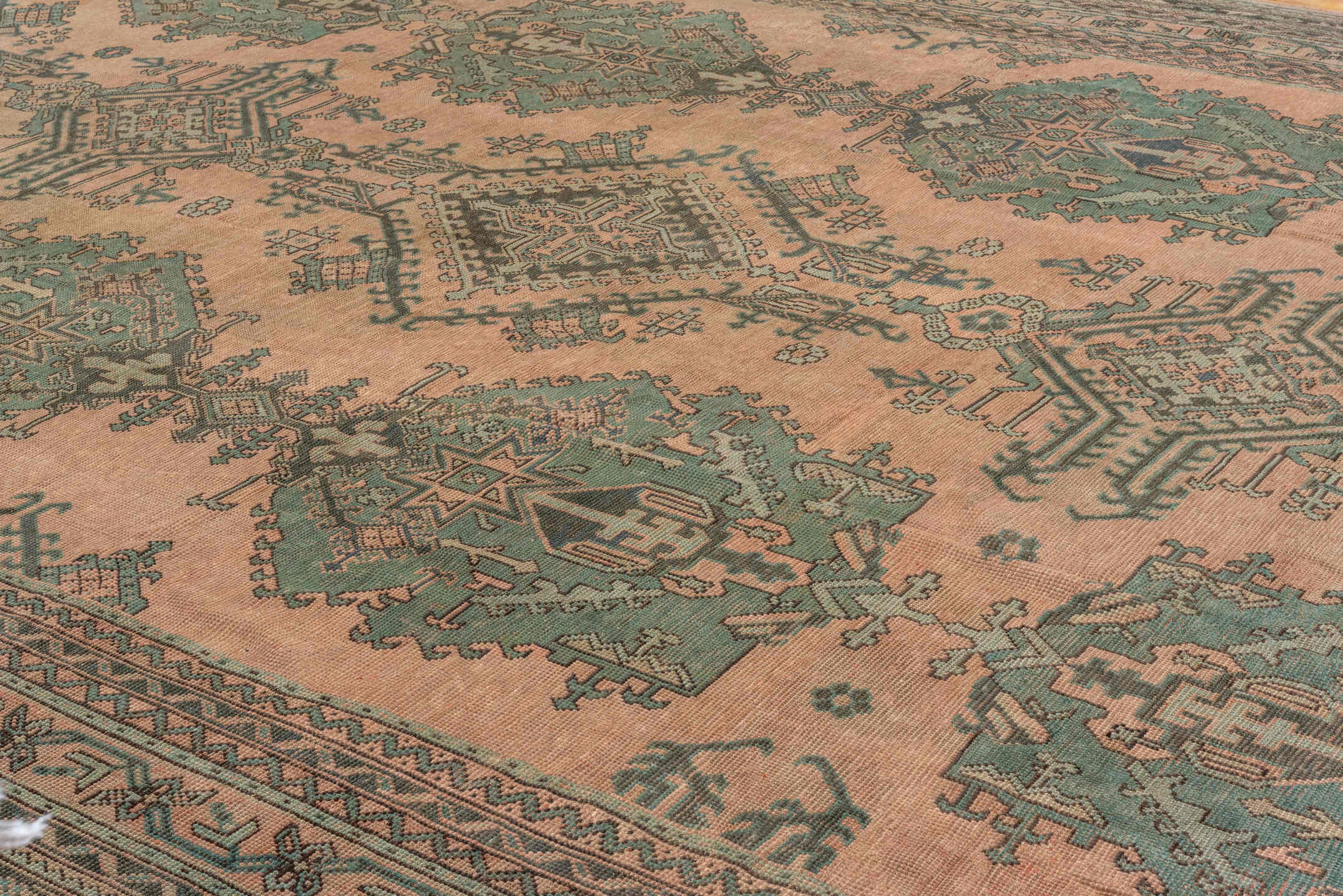 13' x 23' one-of-a-kind handmade vintage Oushak oversize rug. Color palette: taupe, dusty rose, teal, charcoal, brown, sage