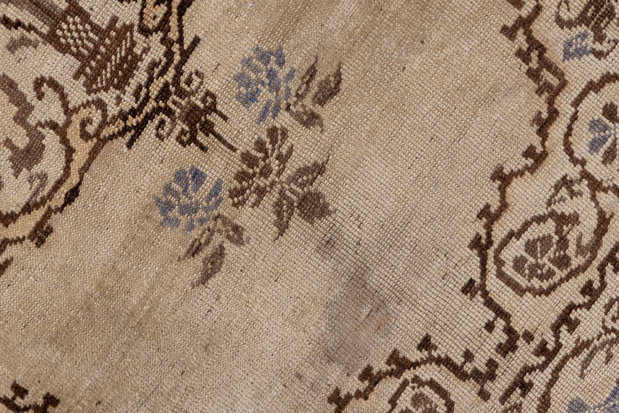 6' x 9' one-of-a-kind handmade vintage Oushak medium size rug. Color palette: ivory, brown, taupe, pale blue, beige, gray