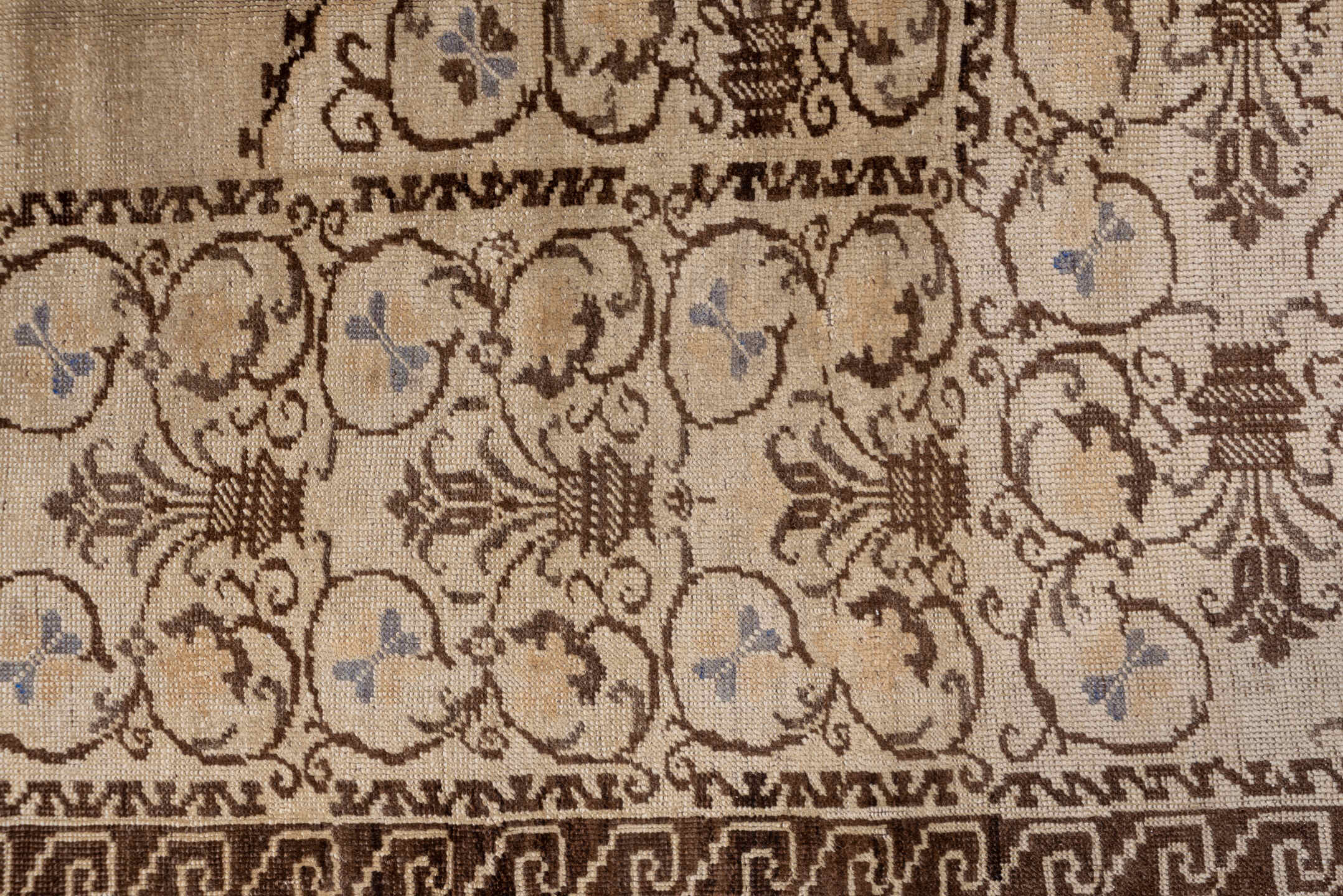 6' x 9' one-of-a-kind handmade vintage Oushak medium size rug. Color palette: ivory, brown, taupe, pale blue, beige, gray