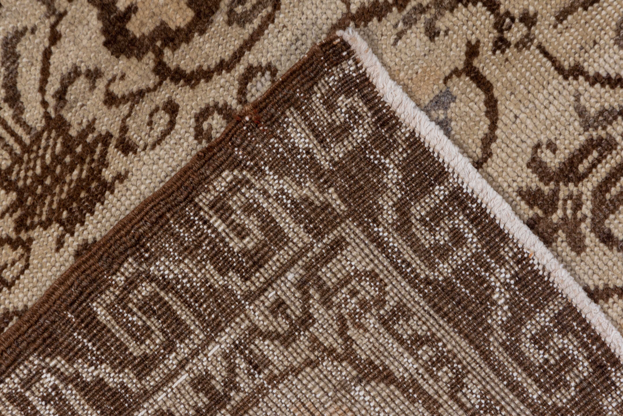 6' x 9' one-of-a-kind handmade vintage Oushak medium size rug. Color palette: ivory, brown, taupe, pale blue, beige, gray