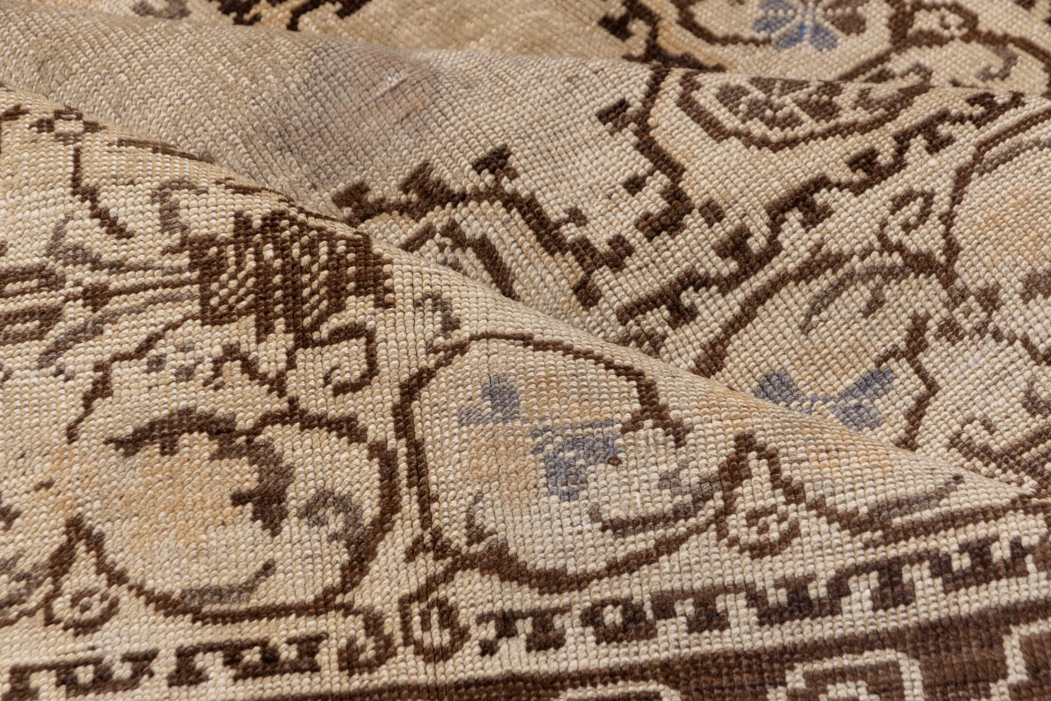 6' x 9' one-of-a-kind handmade vintage Oushak medium size rug. Color palette: ivory, brown, taupe, pale blue, beige, gray