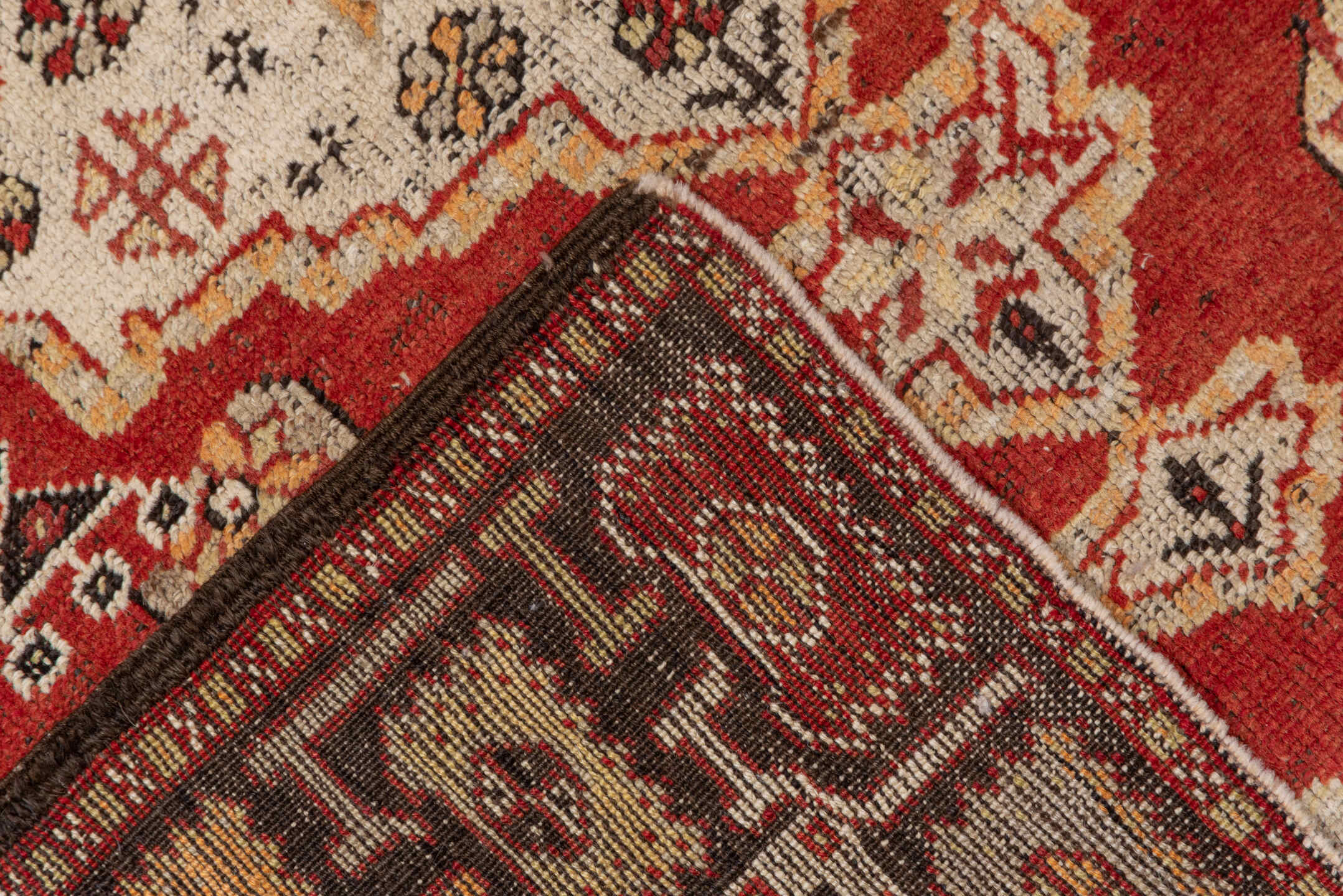 3' x 4' one-of-a-kind handmade vintage Oushak small size rug. Color palette: rust, ivory, burgundy, gold, camel, charcoal