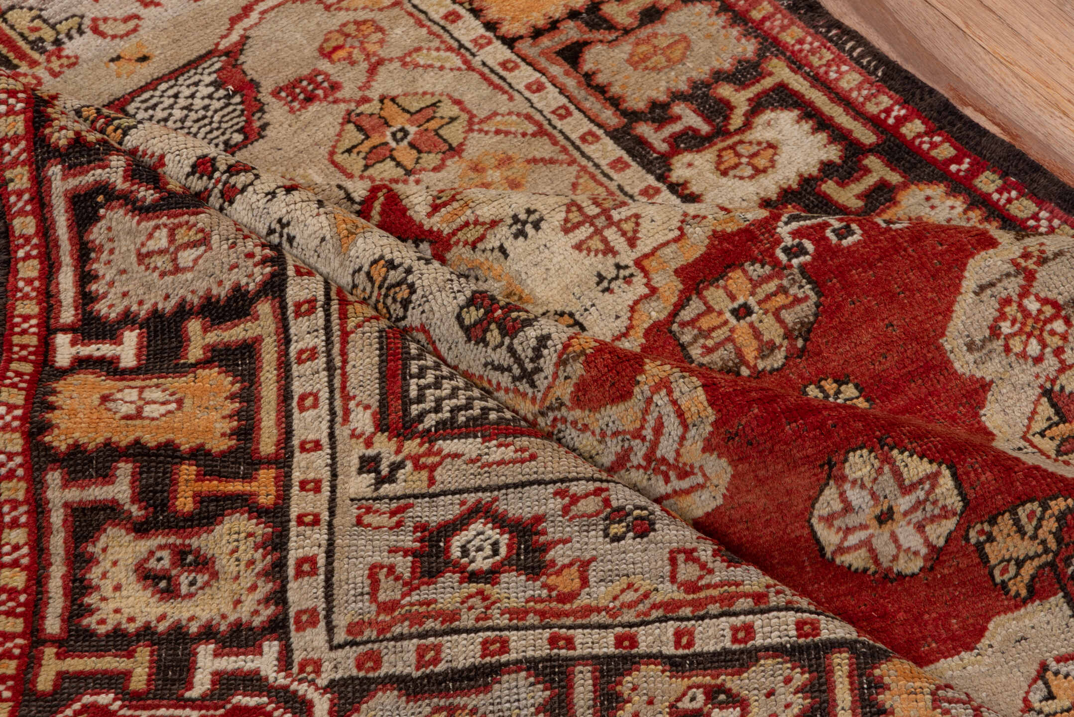 3' x 4' one-of-a-kind handmade vintage Oushak small size rug. Color palette: black, brown, maroon, off-white, orange, pink
