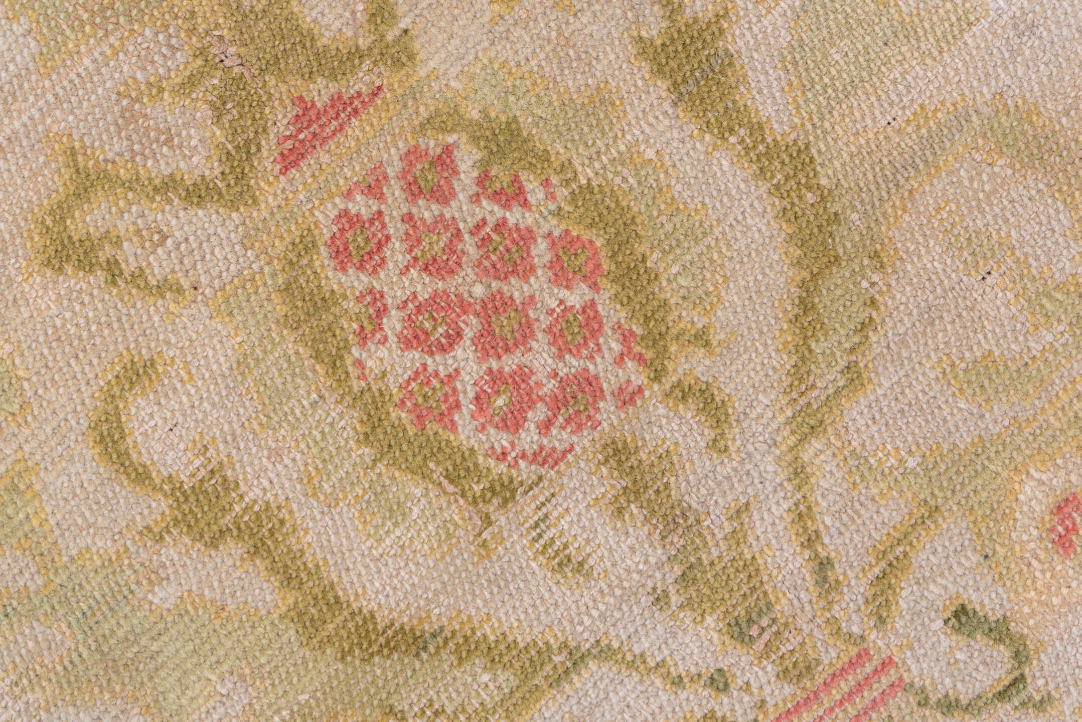 5' x 7' one-of-a-kind handmade vintage Spanish rug. Color palette: brown, gray, navajo white, off-white, orange, peach puff