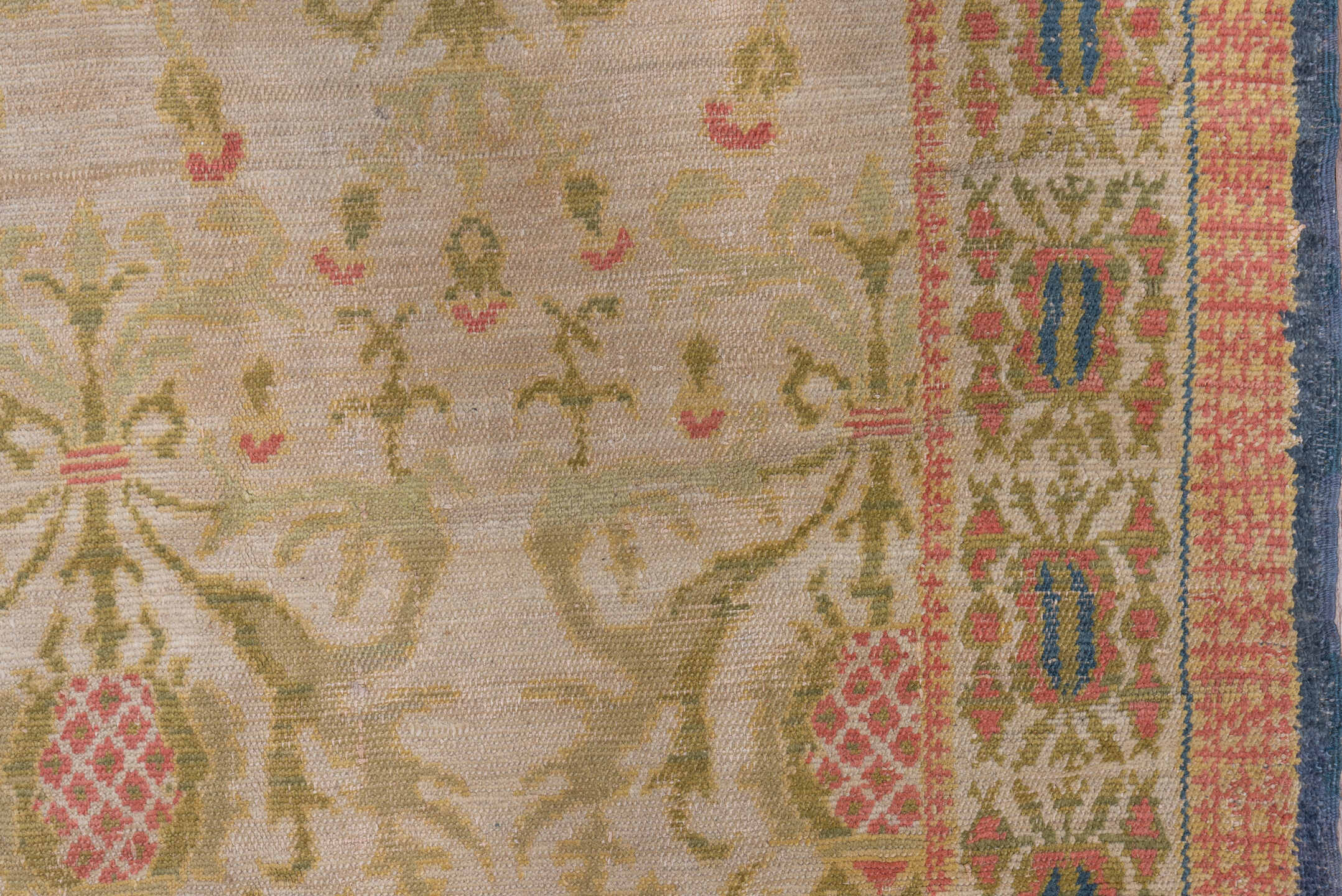 5' x 7' one-of-a-kind handmade antique Spanish rug. Color palette: ivory, olive, rose, gold, navy, sage, green, pink, red