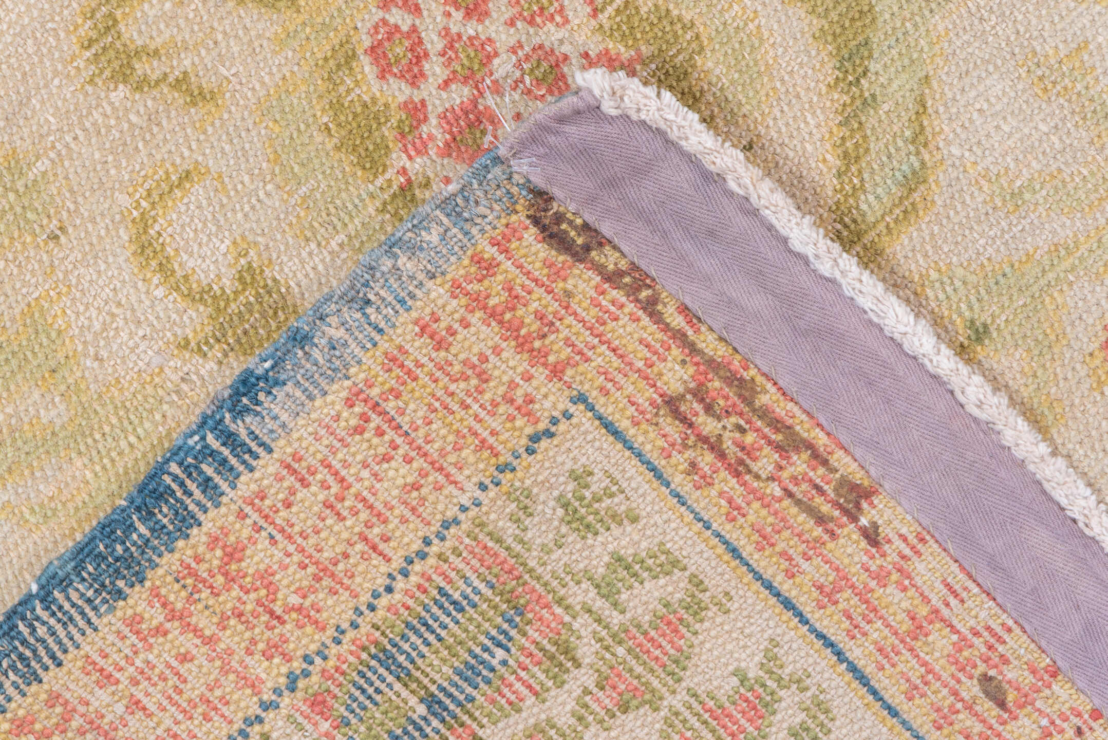 5' x 7' one-of-a-kind handmade antique Spanish rug. Color palette: ivory, olive, rose, gold, navy, sage, green, pink, red