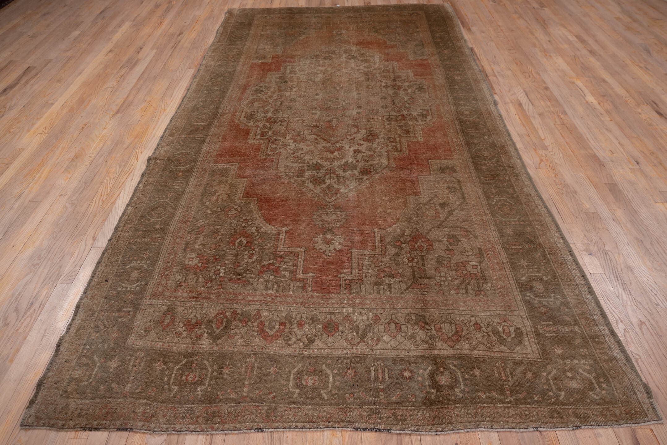 6' x 11' one-of-a-kind handmade vintage Oushak large size rug. Color palette: taupe, terracotta, rose, beige, brown, ivory