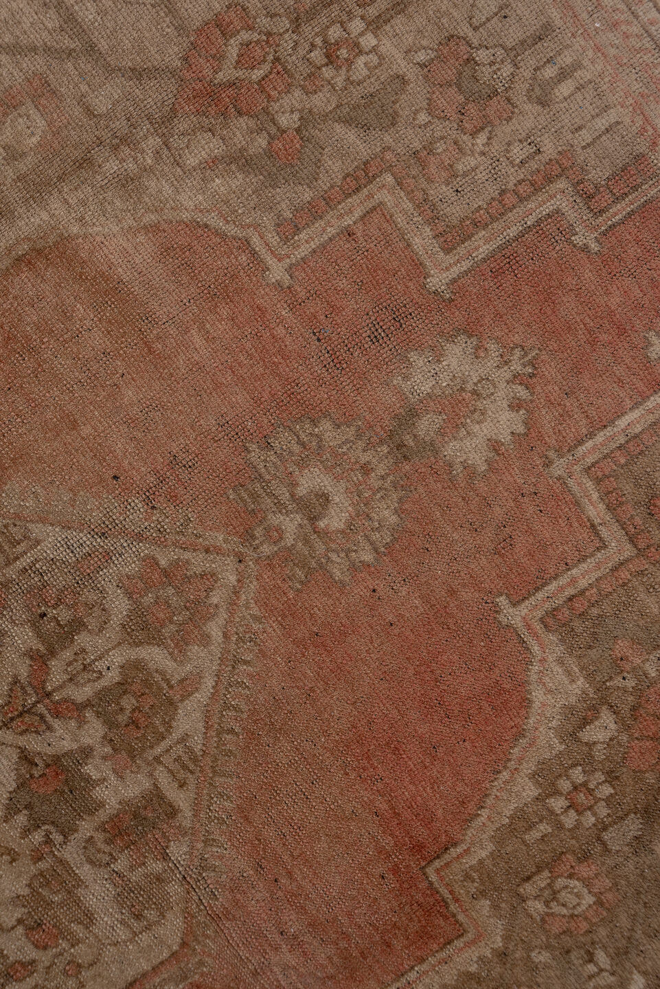 6' x 11' one-of-a-kind handmade vintage Oushak large size rug. Color palette: taupe, terracotta, rose, beige, brown, ivory