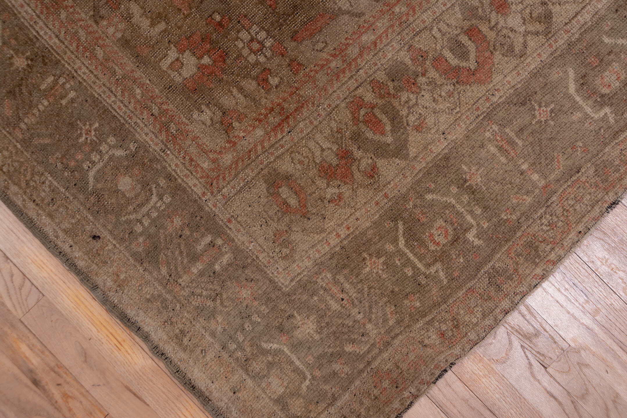 6' x 11' one-of-a-kind handmade vintage Oushak large size rug. Color palette: taupe, terracotta, rose, beige, brown, ivory
