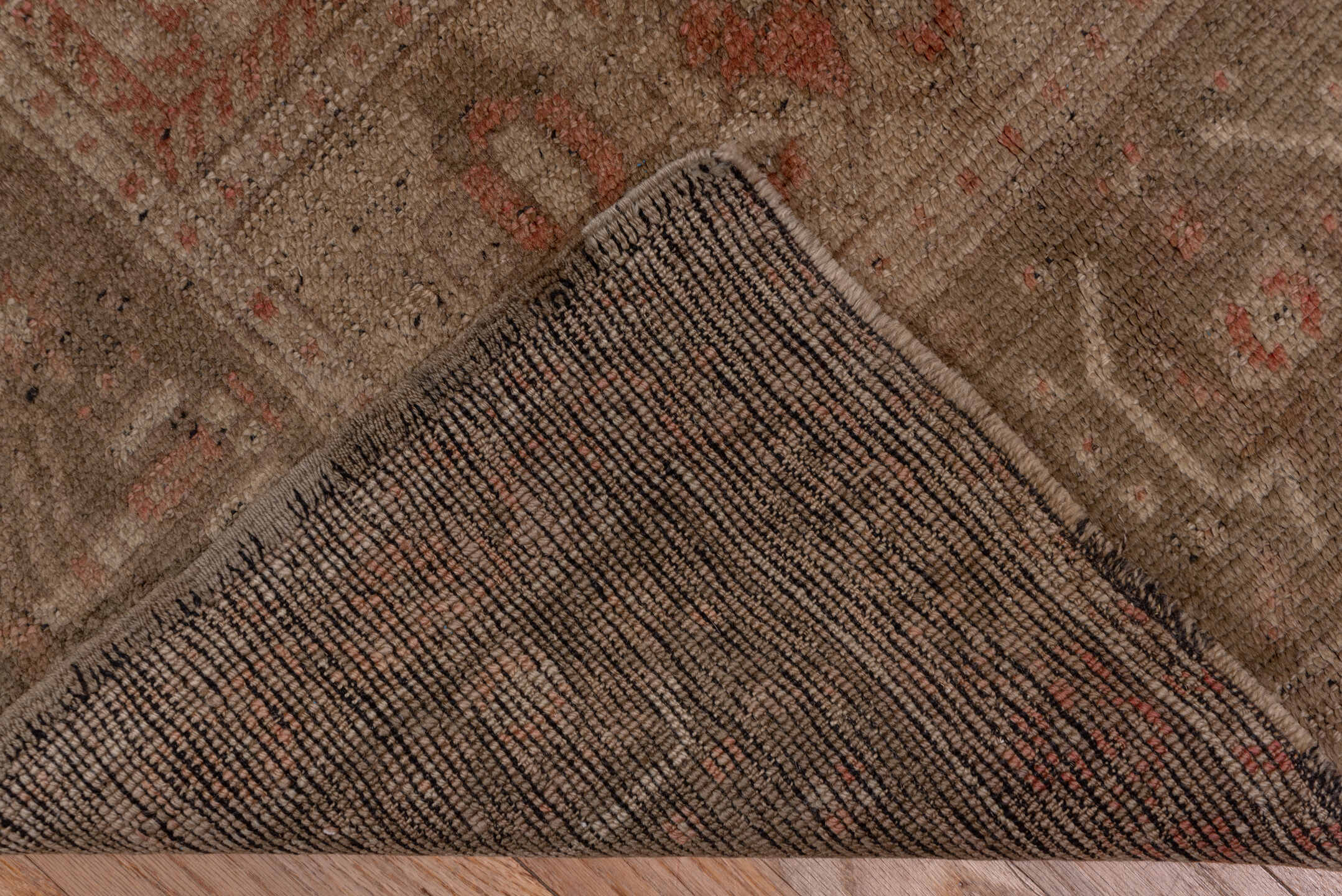 6' x 11' one-of-a-kind handmade vintage Oushak large size rug. Color palette: brown, pink