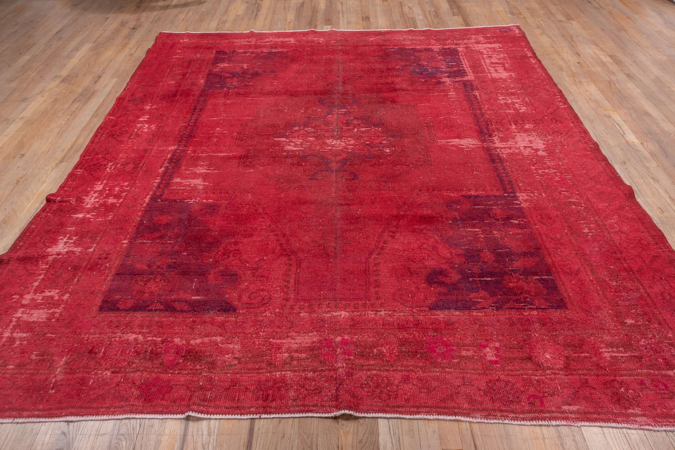 8' x 9' one-of-a-kind handmade vintage Overdyed rug. Color palette: crimson, rose, burgundy, raspberry, pink, red