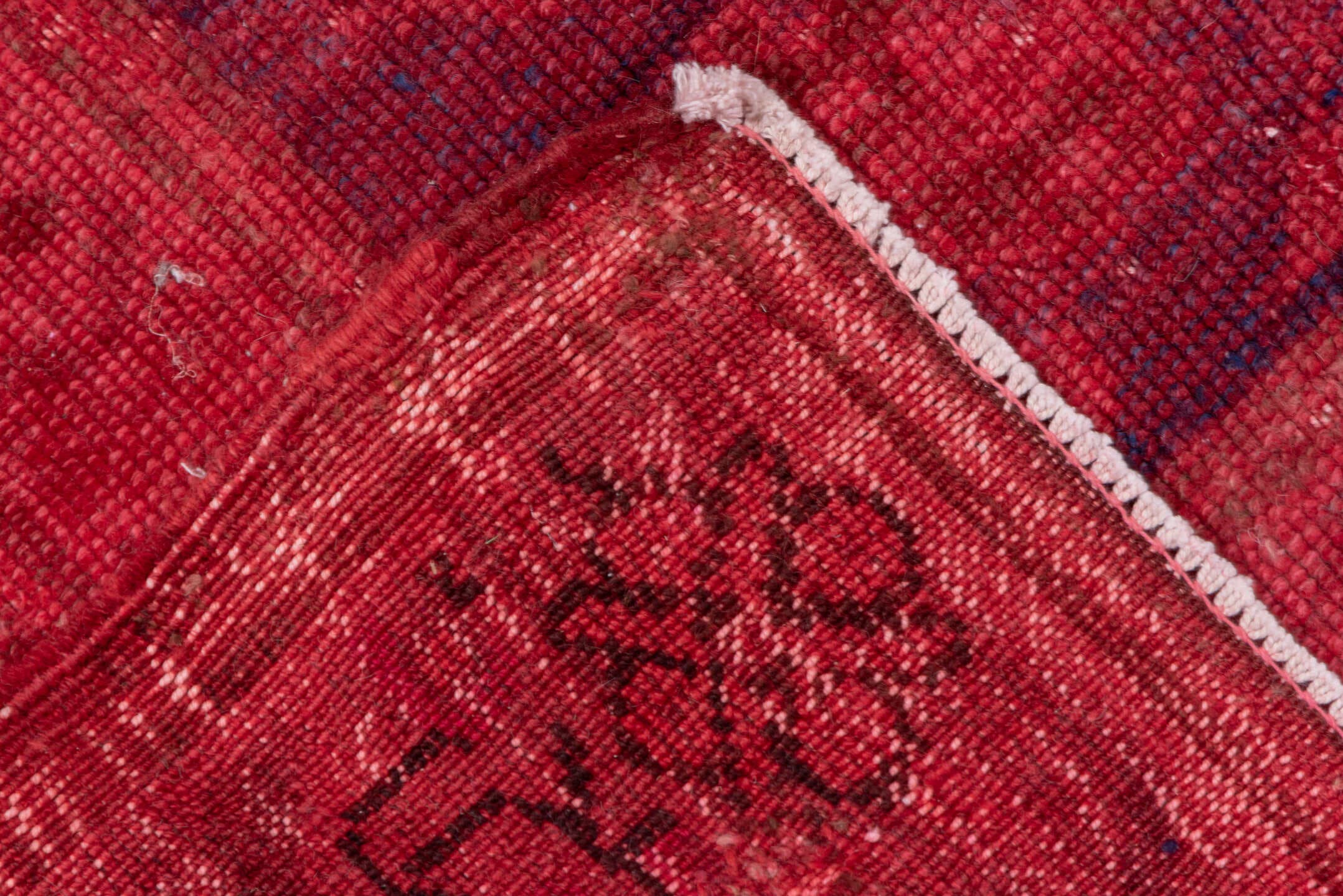 8' x 9' one-of-a-kind handmade vintage Overdyed rug. Color palette: crimson, rose, burgundy, raspberry, pink, red