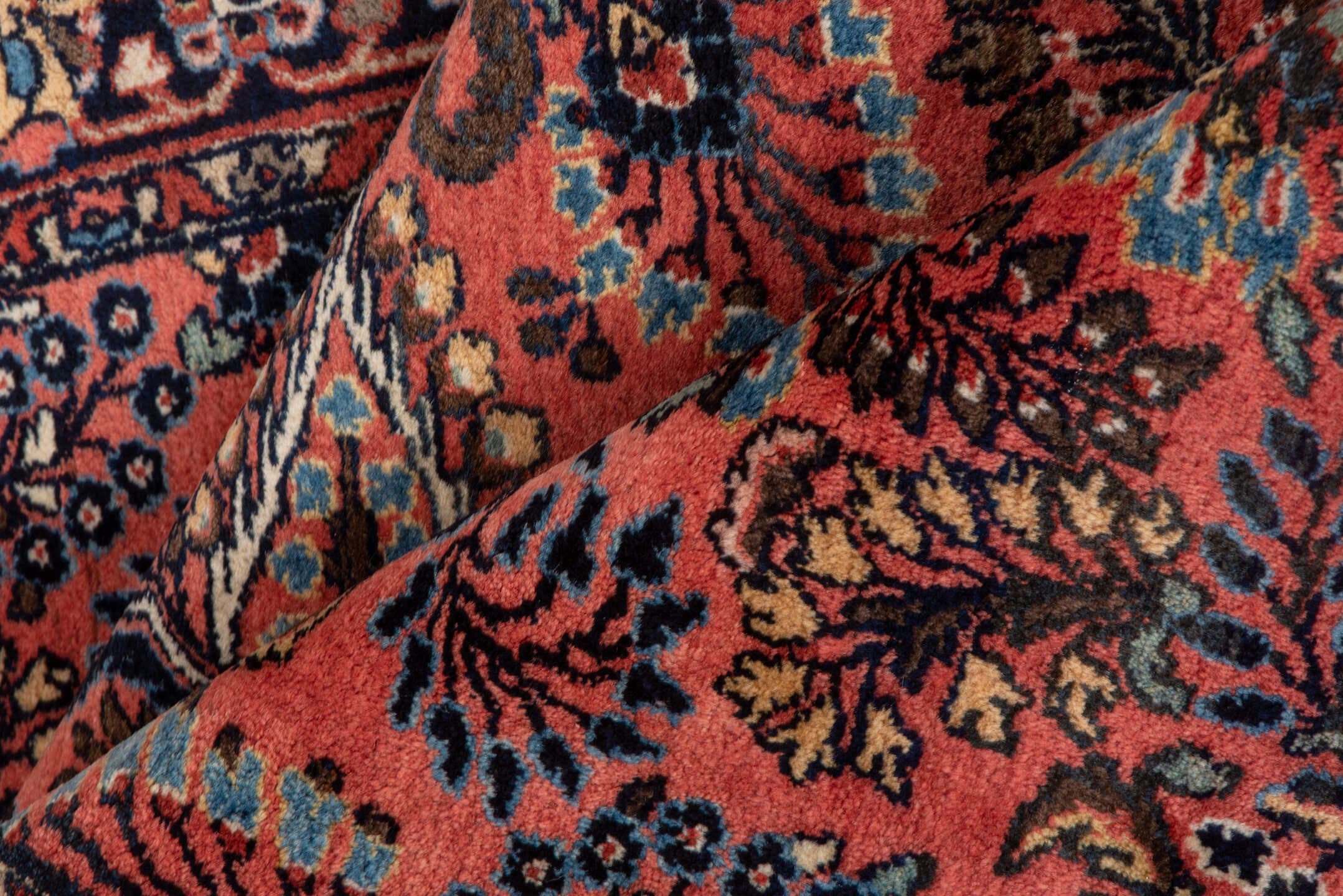 3' x 5' one-of-a-kind handmade antique Sarouk small size rug. Color palette: coral, navy, ivory, sky blue, burgundy, rose