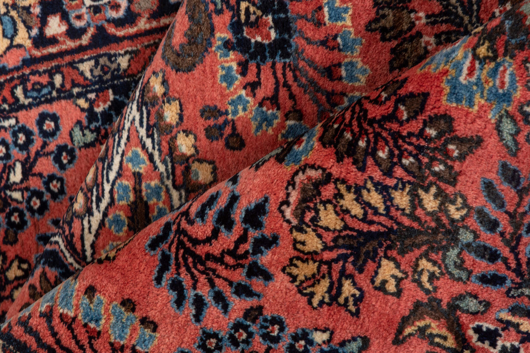 3' x 5' one-of-a-kind handmade antique Sarouk small size rug. Color palette: coral, navy, ivory, sky blue, burgundy, rose