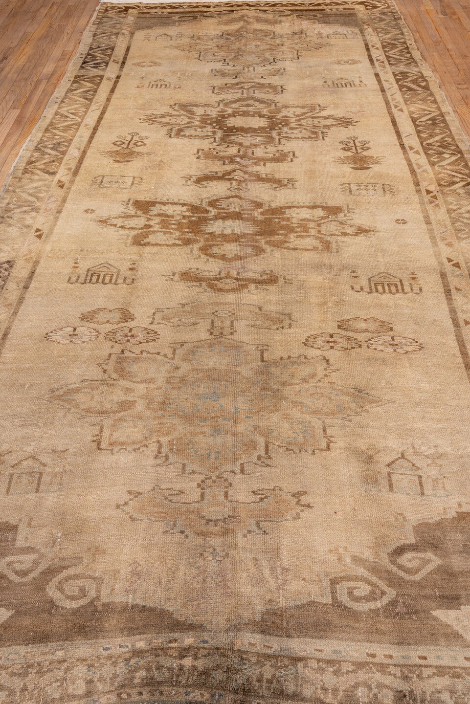 6' x 14' one-of-a-kind handmade vintage Oushak large size rug. Color palette: ivory, taupe, camel, brown, beige, gray