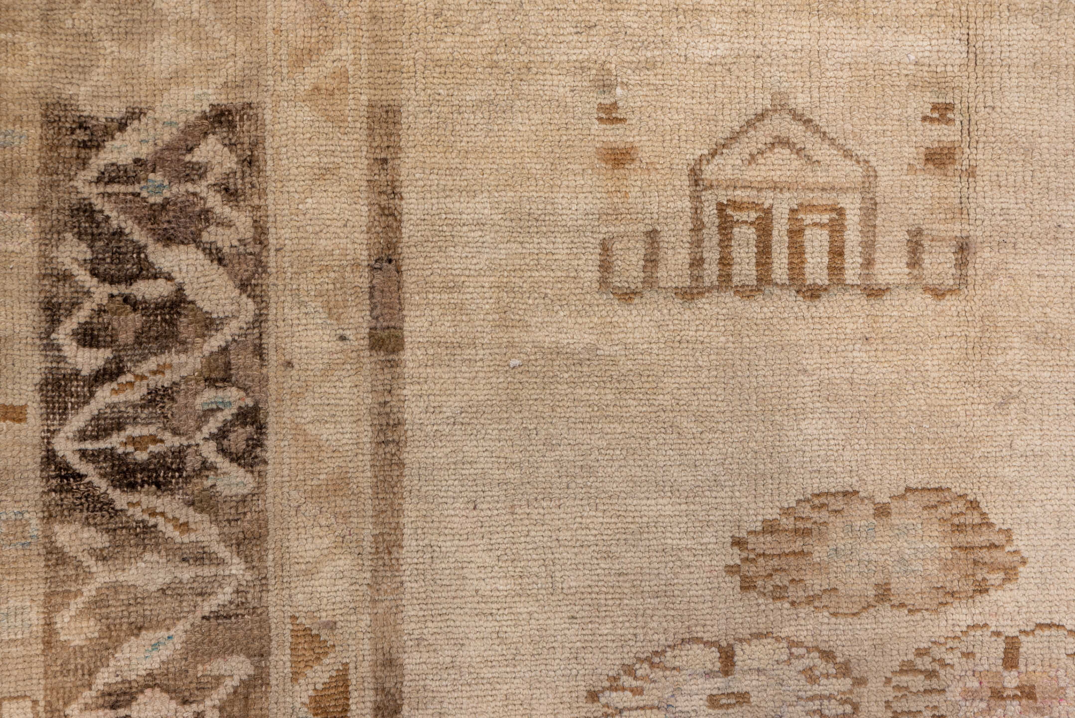 6' x 14' one-of-a-kind handmade vintage Oushak large size rug. Color palette: ivory, taupe, camel, brown, beige, gray